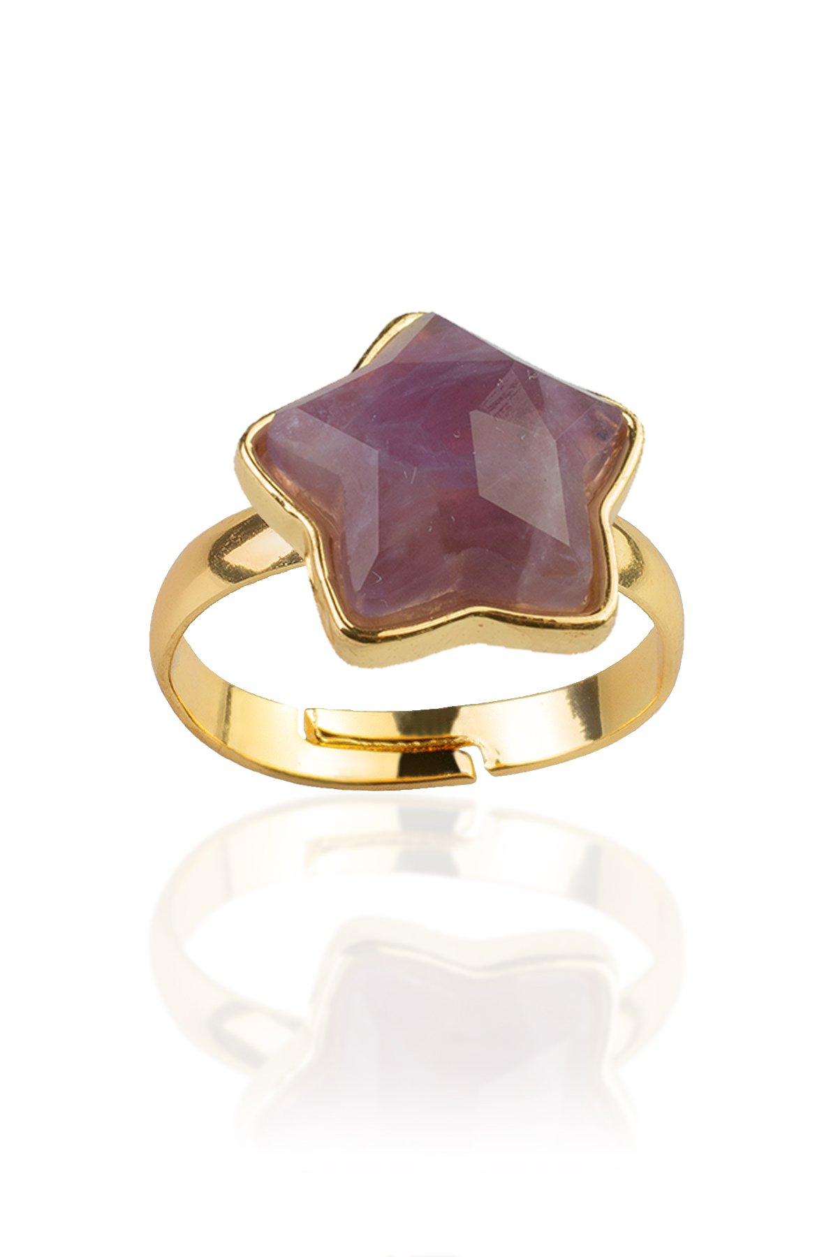 Ametist Taşı Yıldız Kesim Pirinç Üzeri Altın Kaplama Ayarlanabilir Yüzük