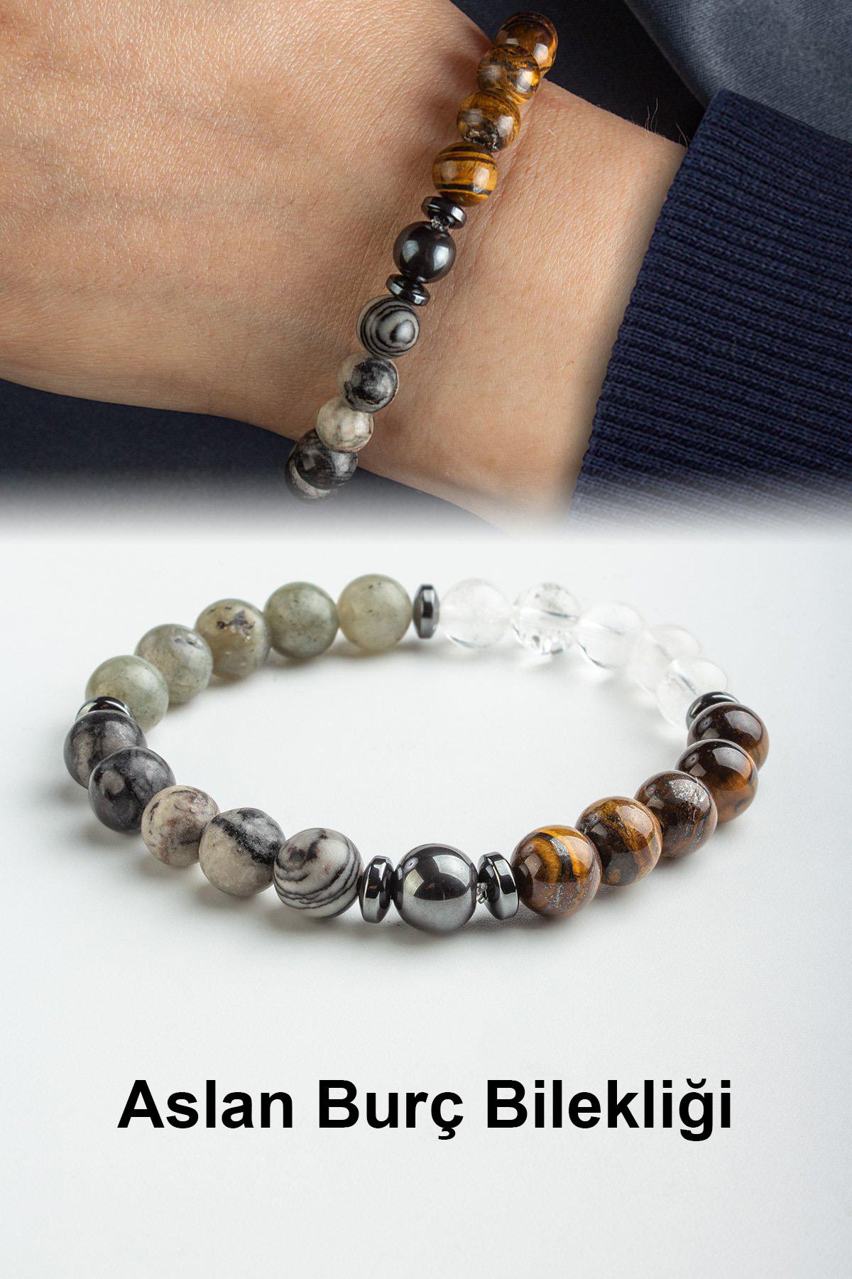 Aslan Burç Bilekliği Kaplan Gözü-Jasper-Kristal Kuvars-Labradorit Doğal Taş 8mm Bileklik