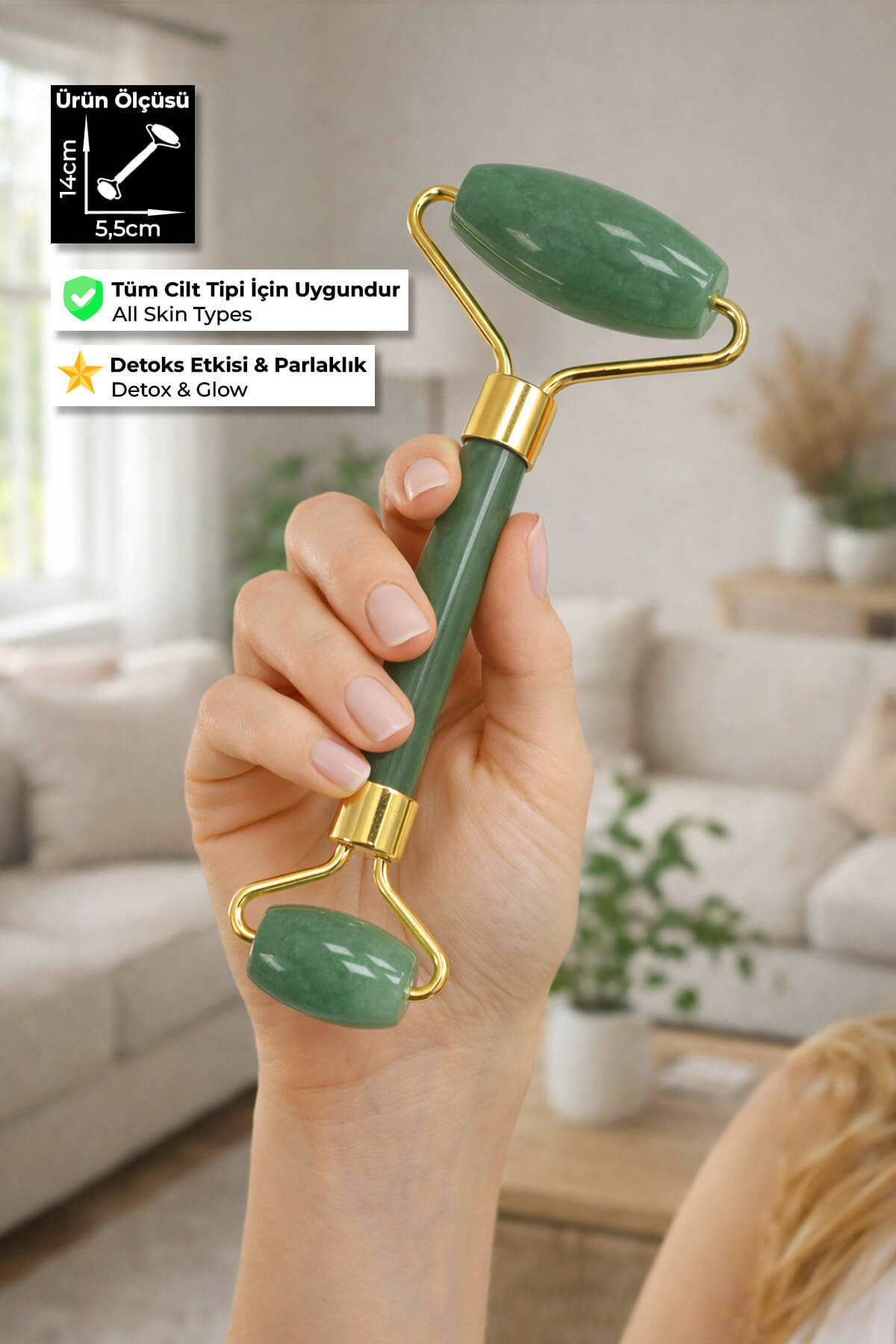 Aventurin Taşı Face Roller Taşı Yüz Masaj Aleti - Altın Sap
