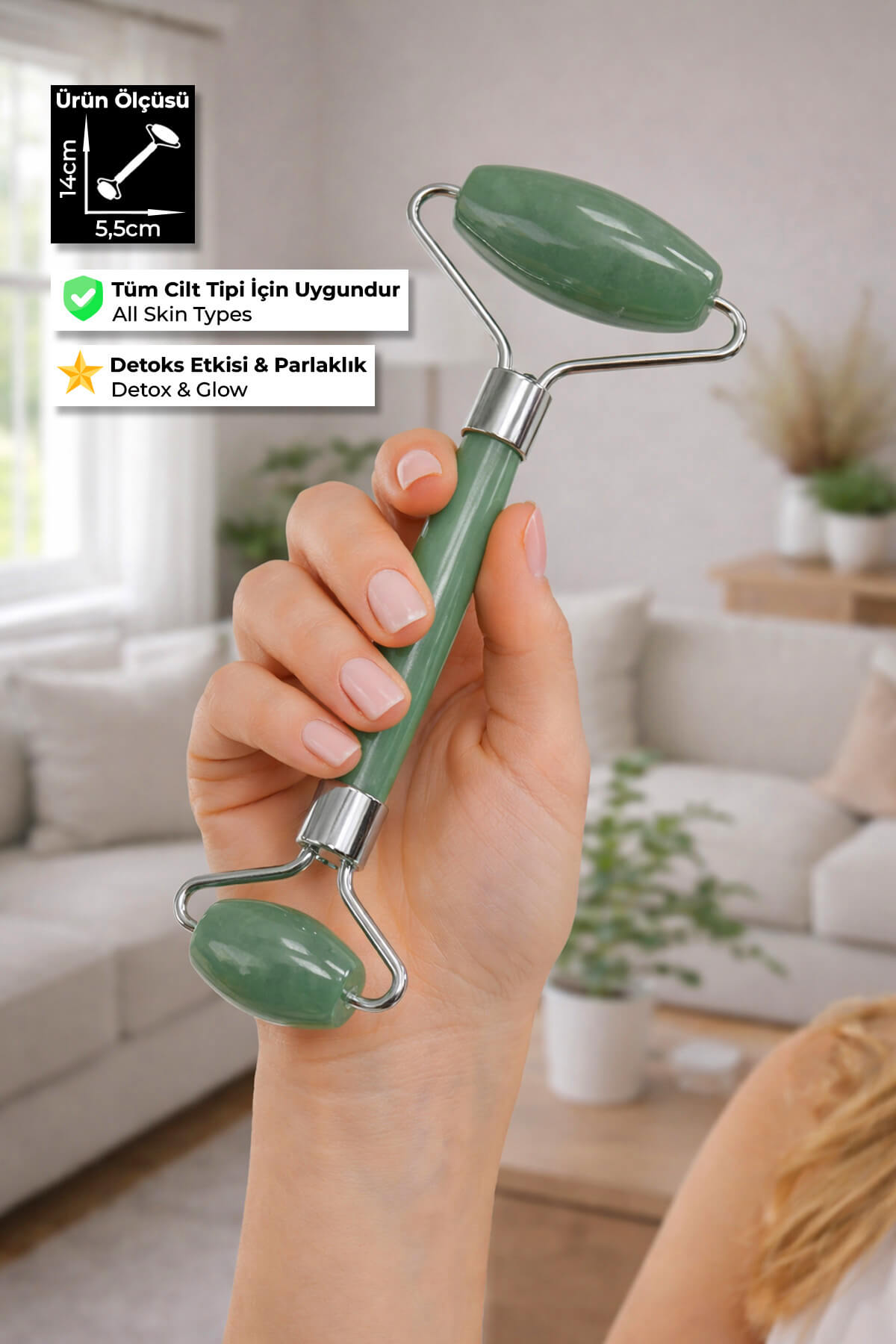 Aventurin Taşı Face Roller Doğal Taş Yüz Masaj Aleti - Gümüş Sap