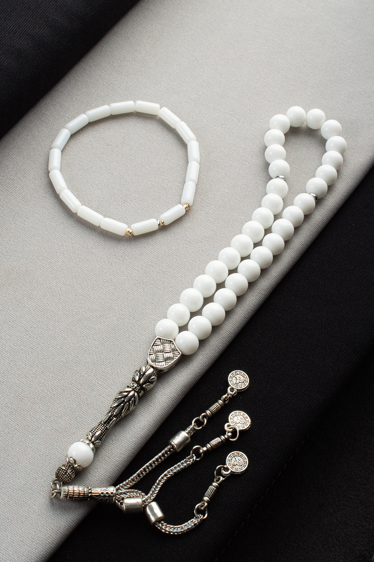 Cam Beyaz Misina Bileklik & Cam Beyaz 33 lü 8mm Tesbih Seti