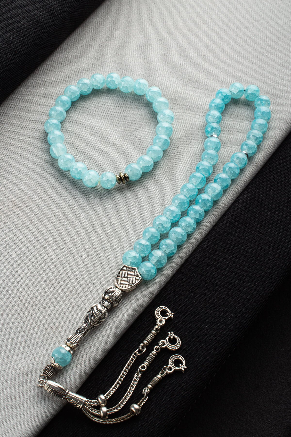 Cam Buz Mavisi Misina Bileklik & Cam Buz Mavisi 33 lü 8mm Tesbih Seti