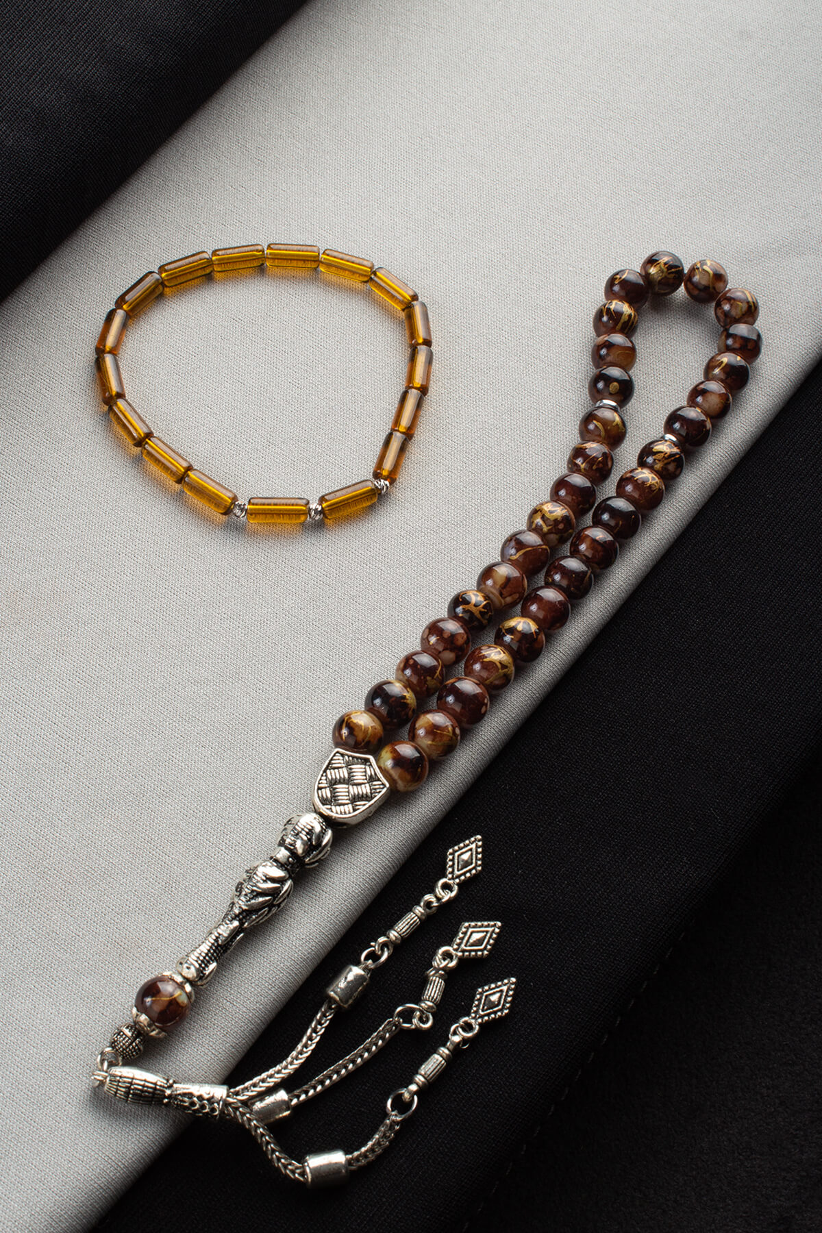 Cam Kahverengi Misina Bileklik & Cam Kahverengi 33 lü 8mm Tesbih Seti