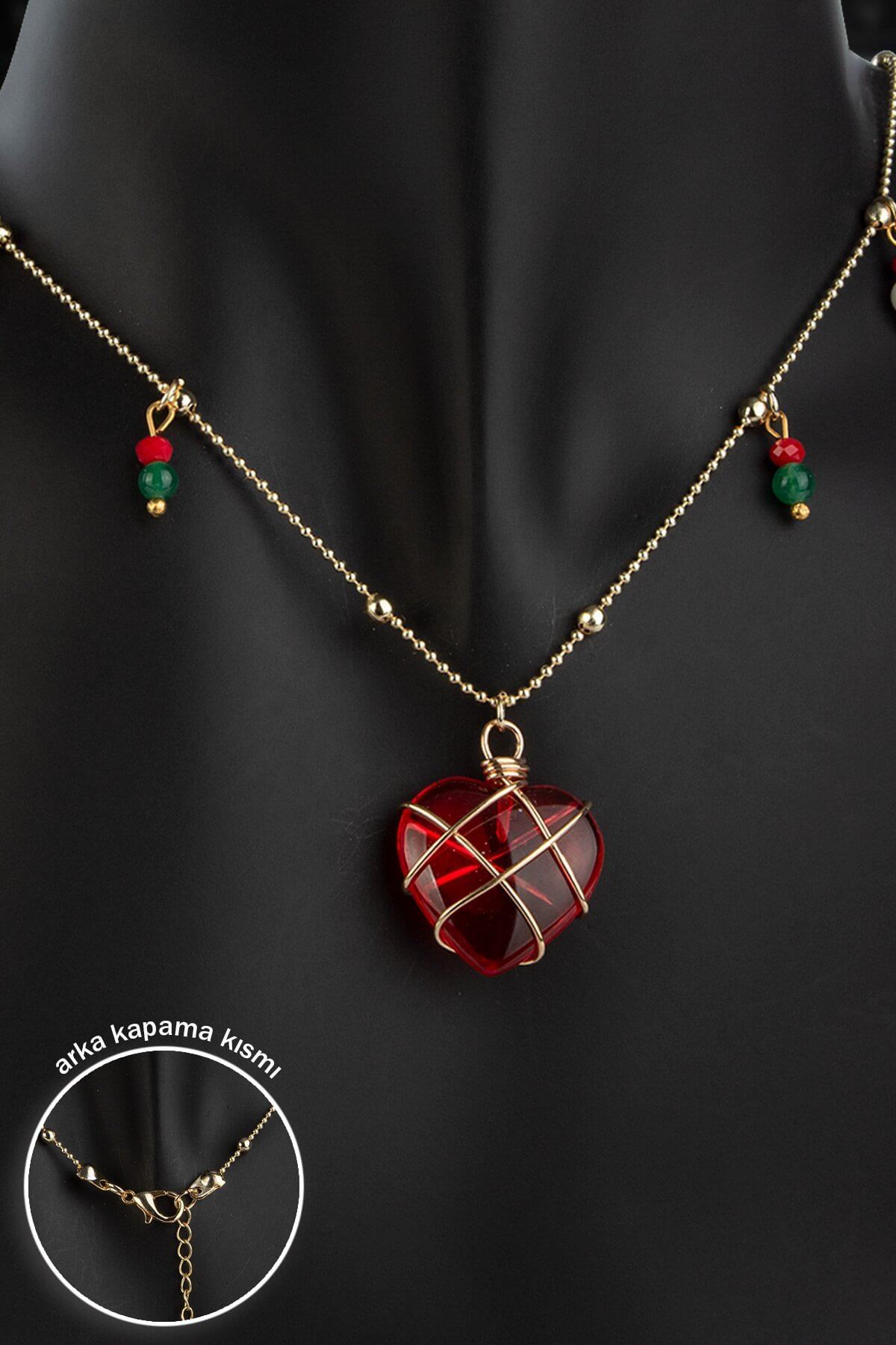 Cam Kırmızı Kalp Motifli Yılbaşı Kolyesi