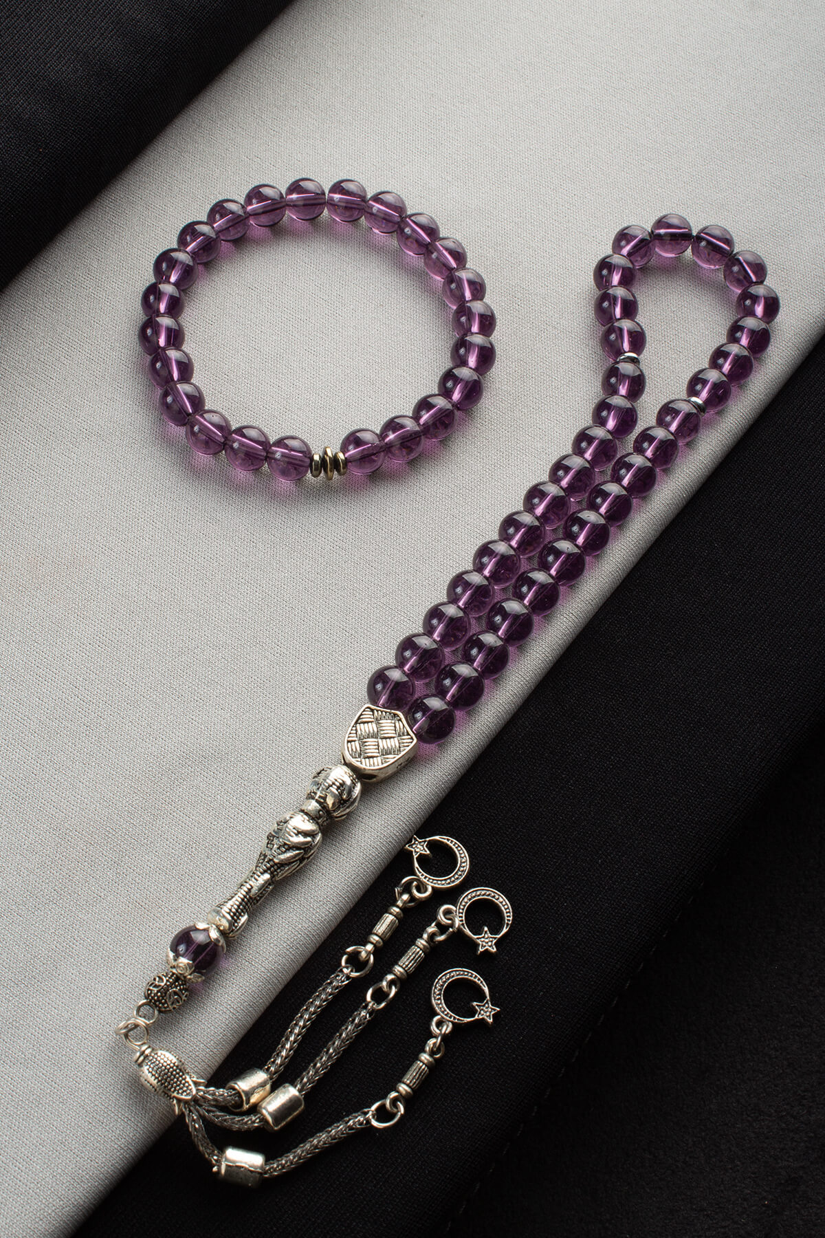 Cam Mor Misina Bileklik & Cam Mor 33 lü 8mm Tesbih Seti