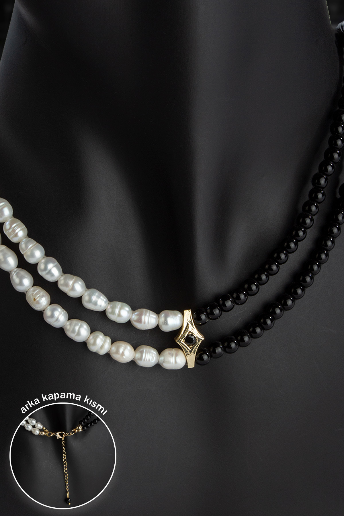 Cam Oniks - İnci Doğal Taş Zincir Kapamalı Kolye