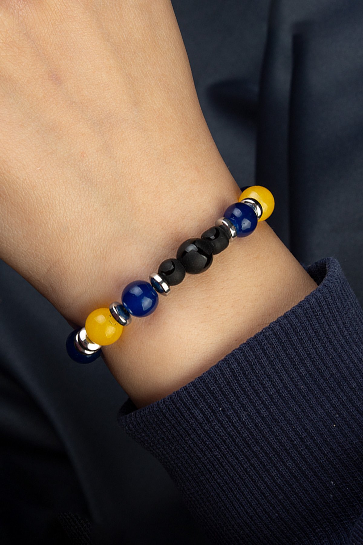 Sarı Lacivert Cam Top Oniks Doğal Taş Taraftar Bilekliği