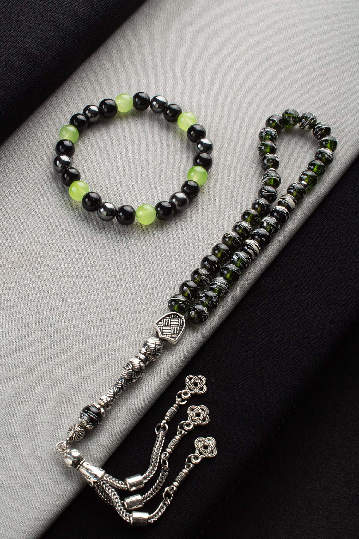 Cam Yeşil Misina Bileklik & Cam Yeşil 33 lü 8mm Tesbih Seti