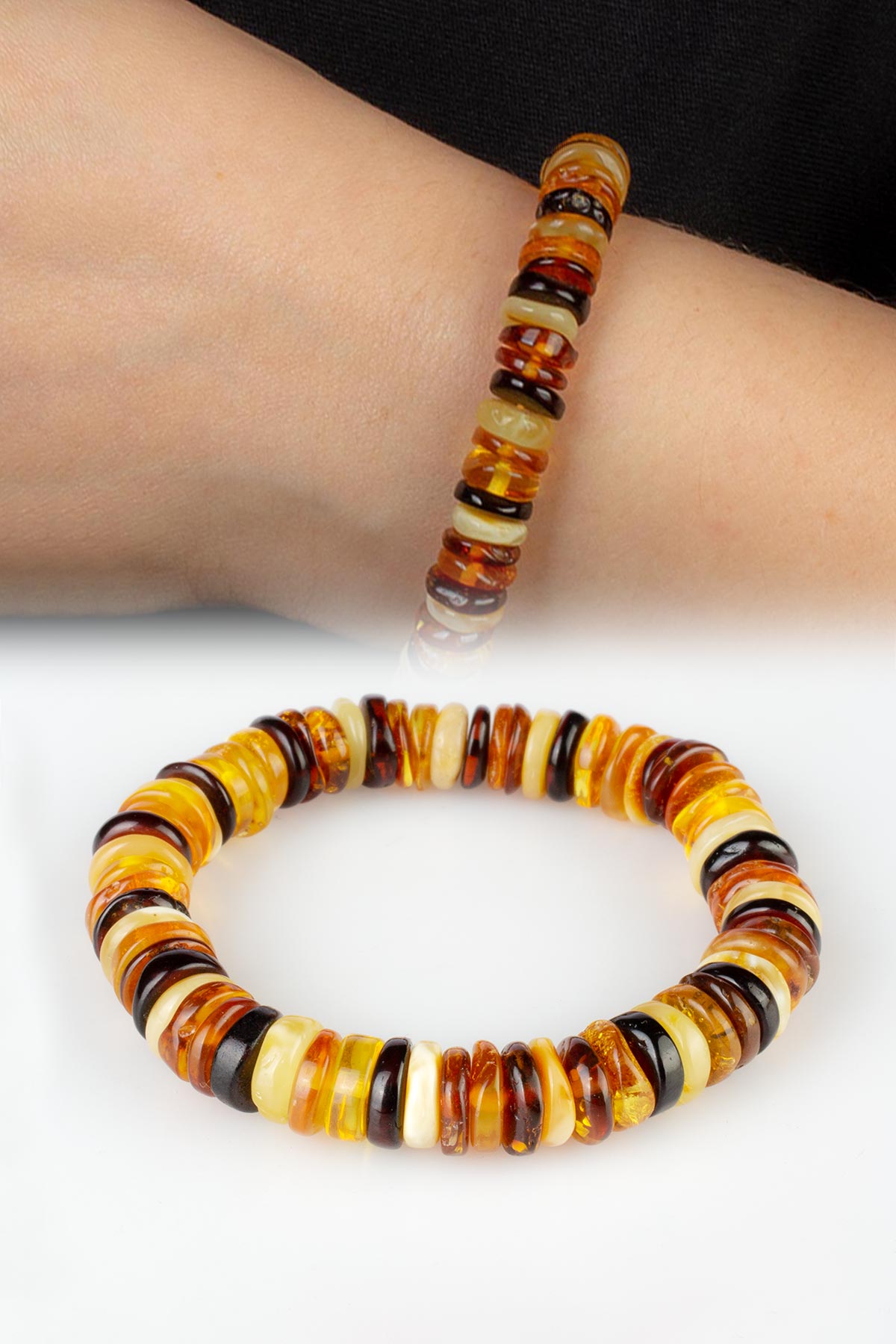 Damla Kehribar Kebribar Parlak Karışık Renkli Rondela Kesim Yetişkin Bileklik 12,20-12,60gr