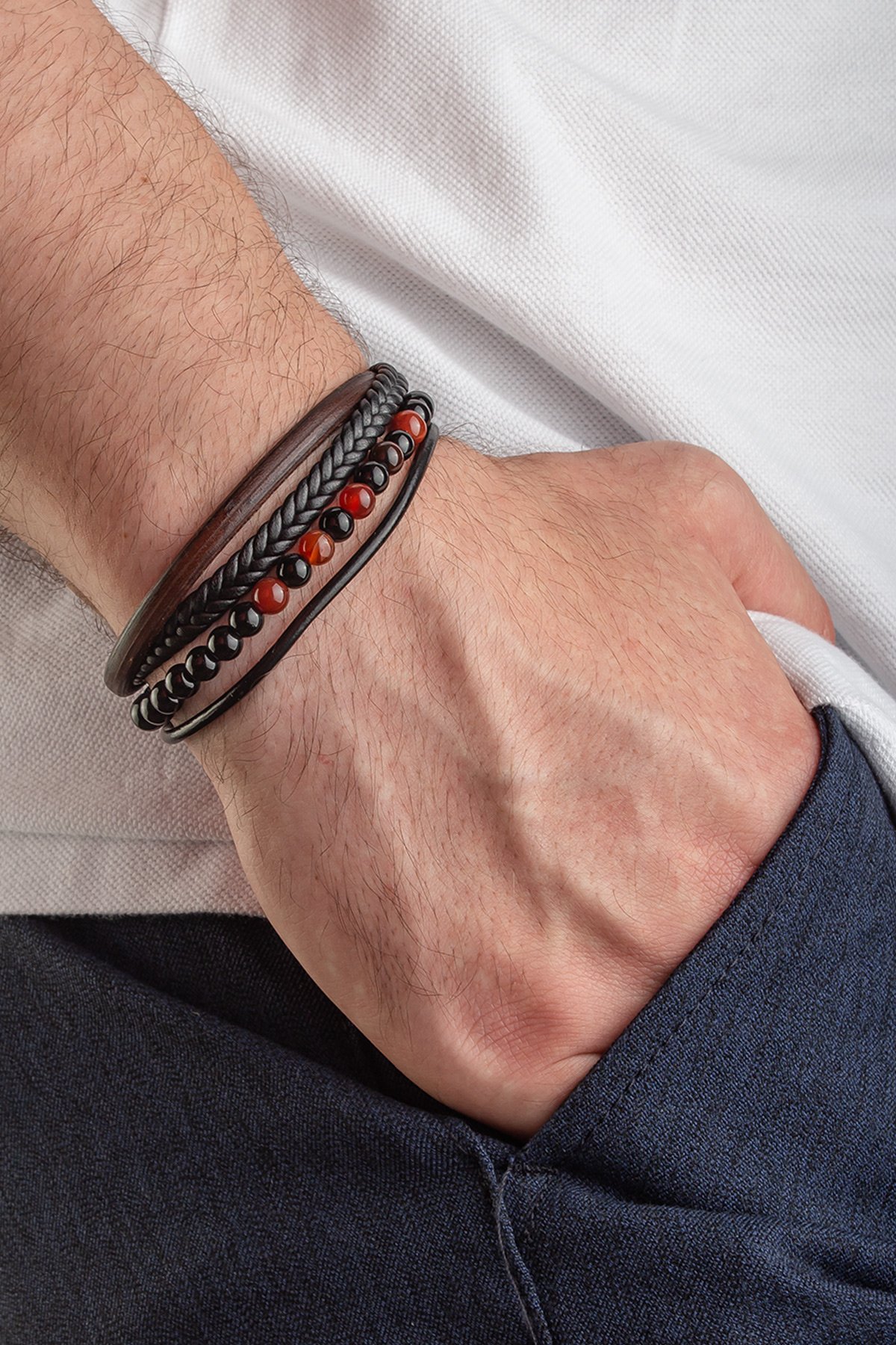 Doğal Taş Dizme Dörtlü Deri Erkeke Bileklik