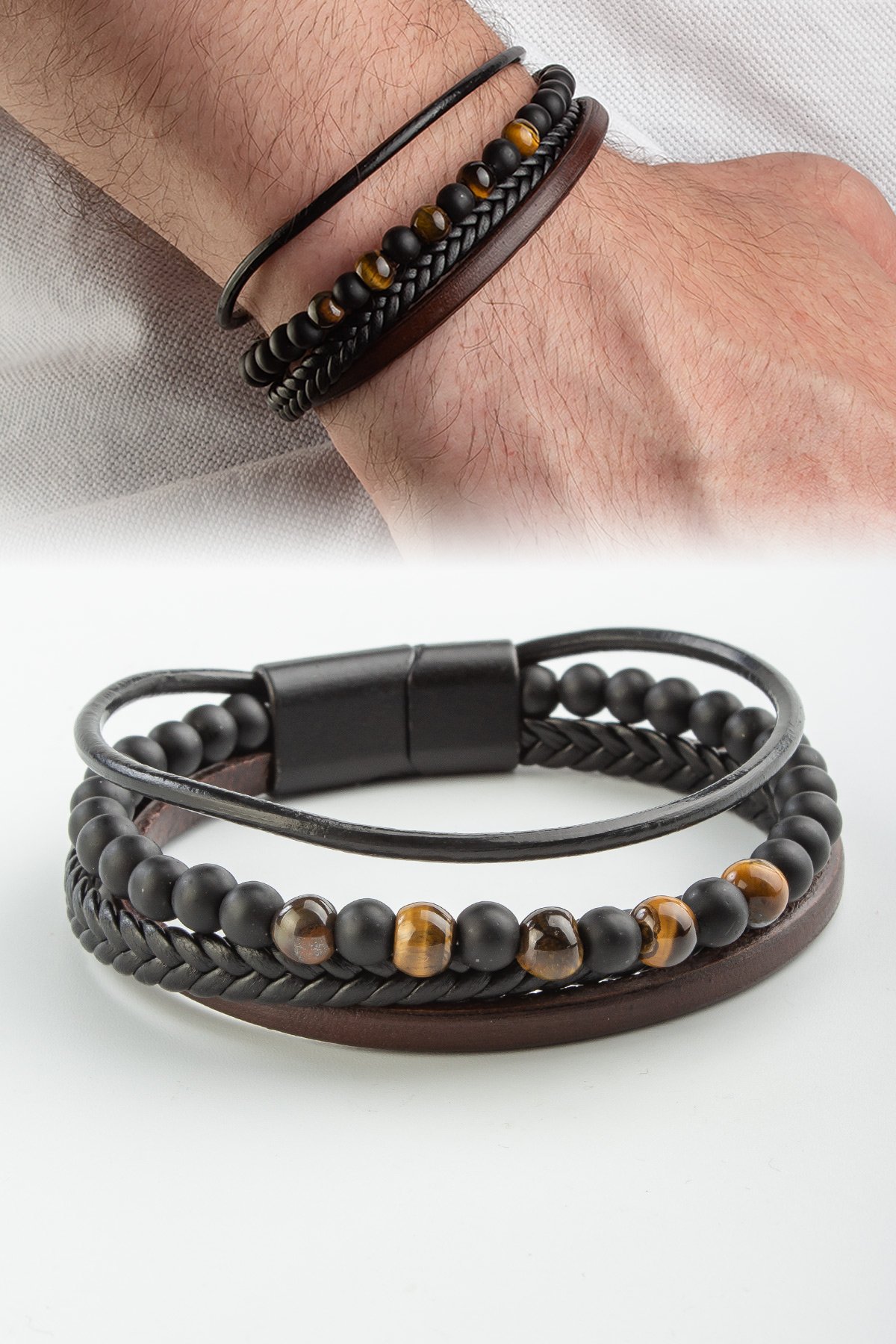 Doğal Taş Dizme Dörtlü Deri Erkeke Bileklik