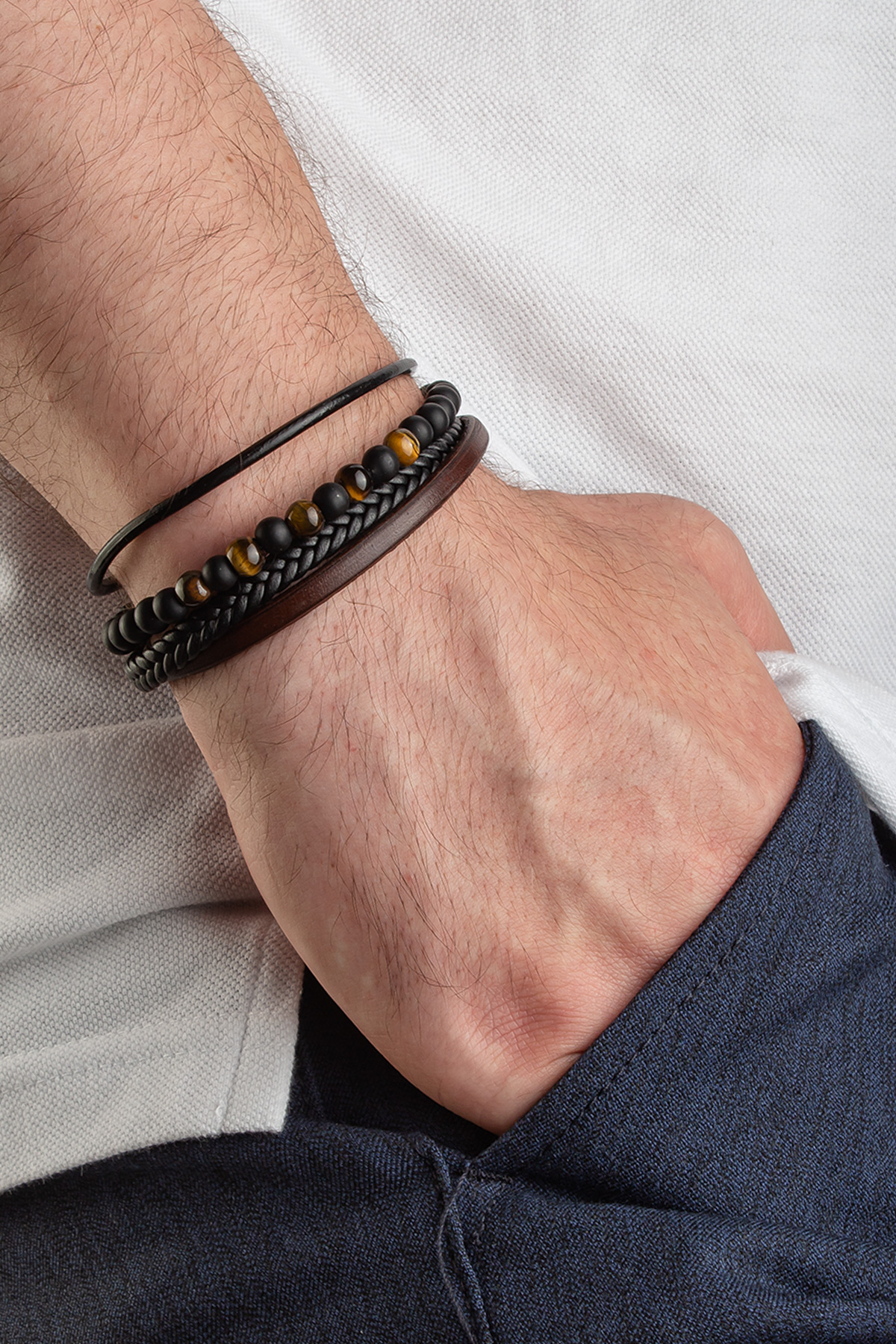 Doğal Taş Dizme Dörtlü Deri Erkeke Bileklik