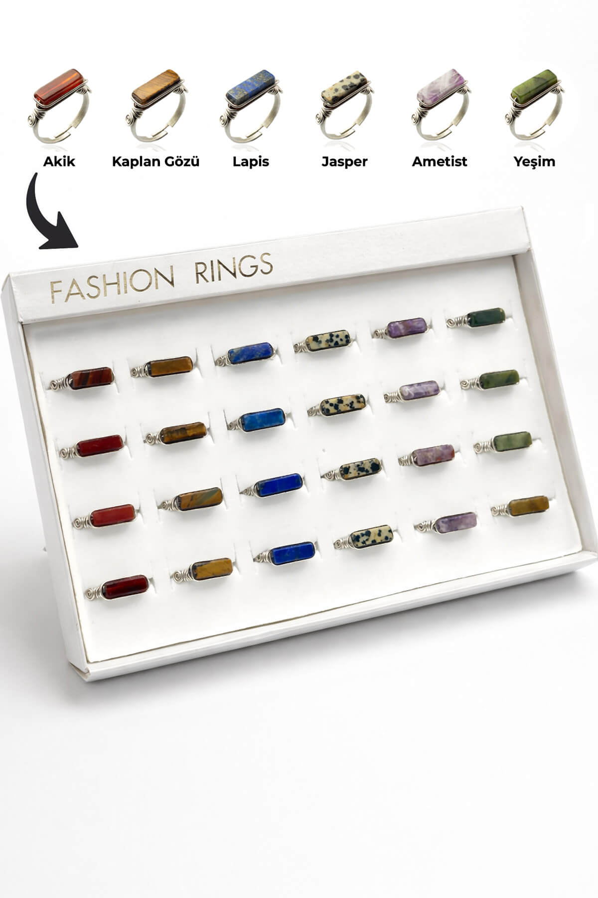 Doğal Taş Karışık Çelik Dikdörtgen Kesim 24 Adet Ayarlanabilir Yüzük