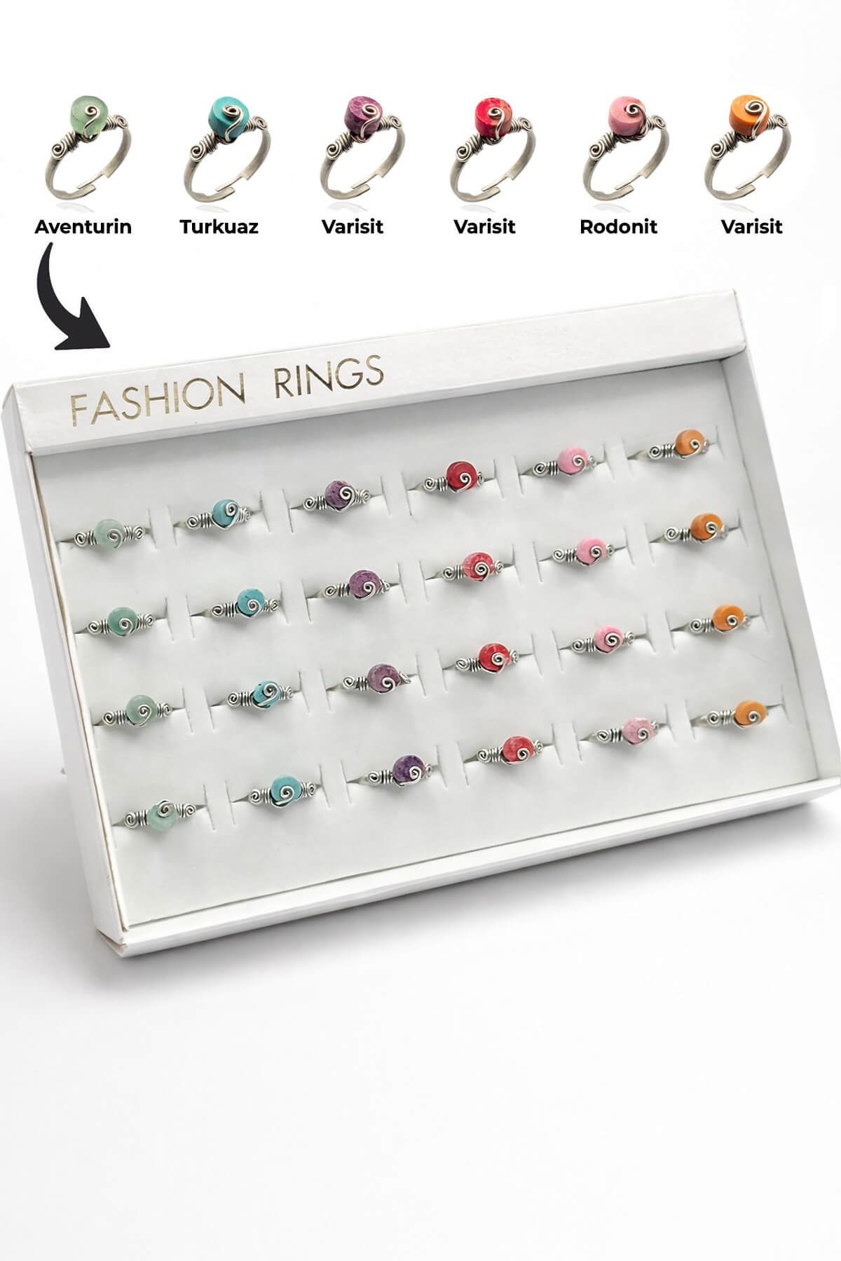 Doğal Taş Karışık Çelik Rondela Kesim 24 Adet Ayarlanabilir Yüzük