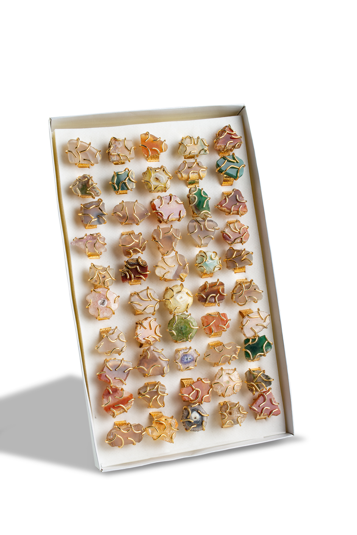 Doğal Taş Karışık Lak Kaplama Ham Kütle Kesim 50 Adet Ayarlanabilir Yüzük