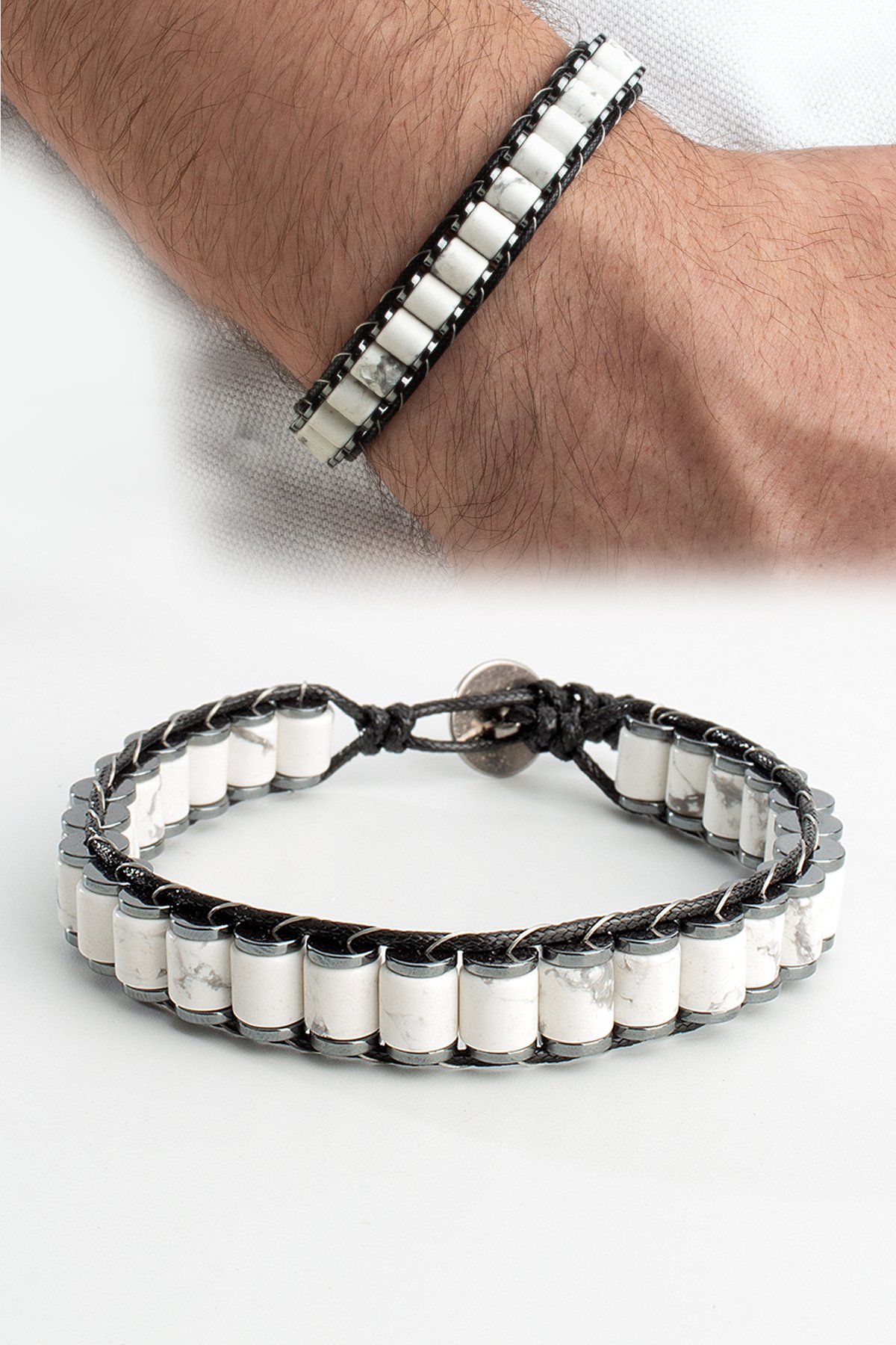 Düz Havlit Doğal Taş Örme Erkek Bilekliği 6x5mm