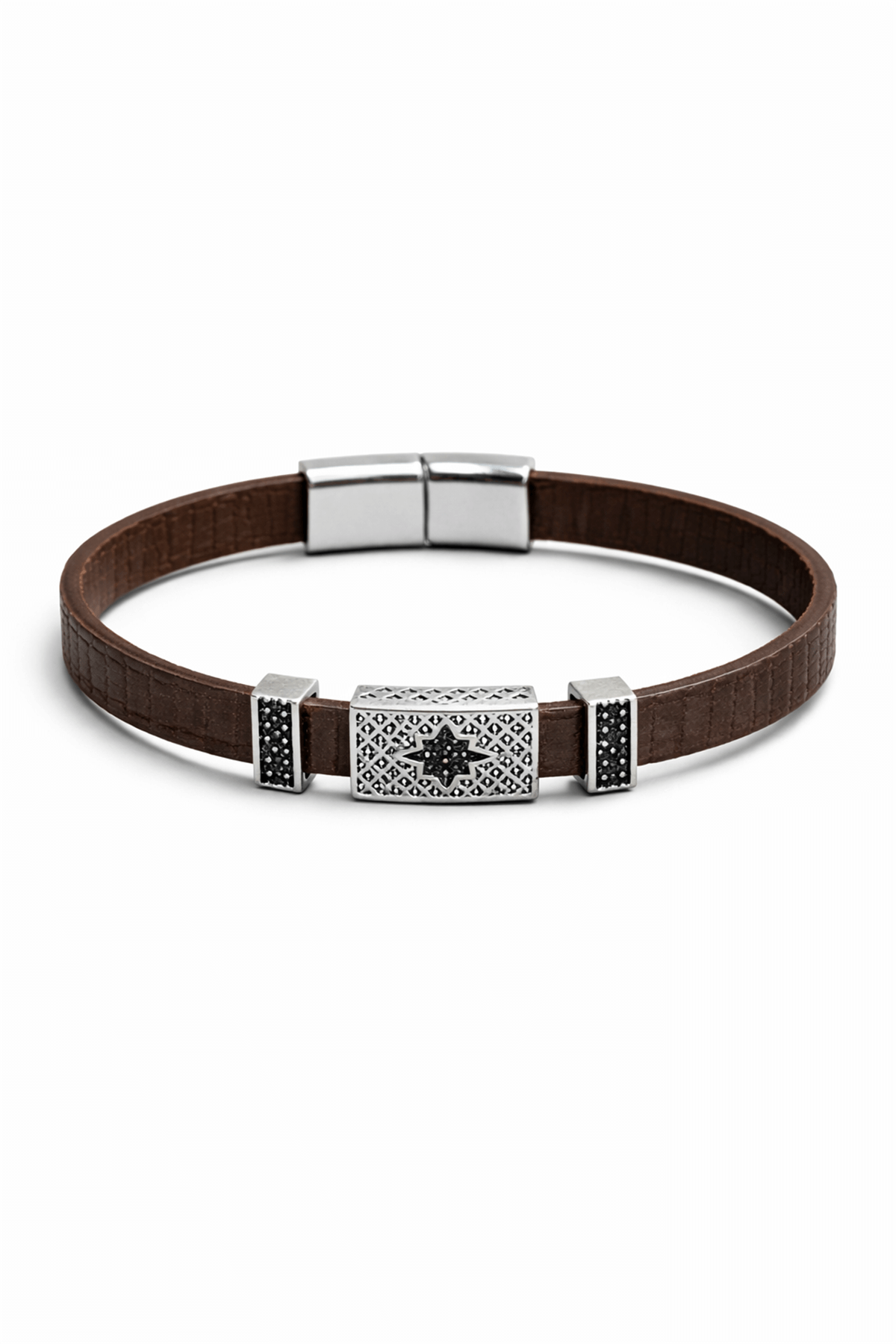 Erkek Deri Bileklik 3 lü Zirkon Kahverengi İguana