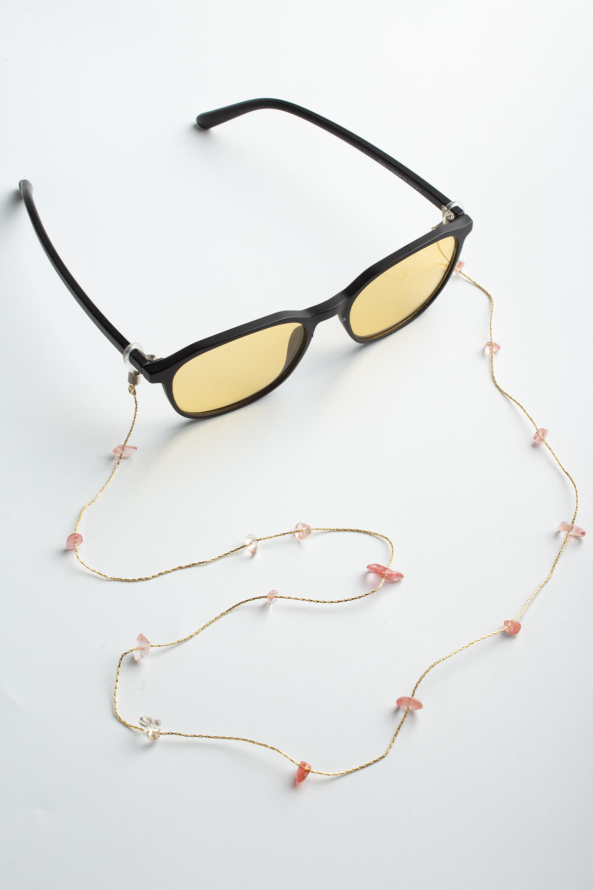 Gül Kuvars Doğal Kırış Taş Zincirli Gözlük İpi