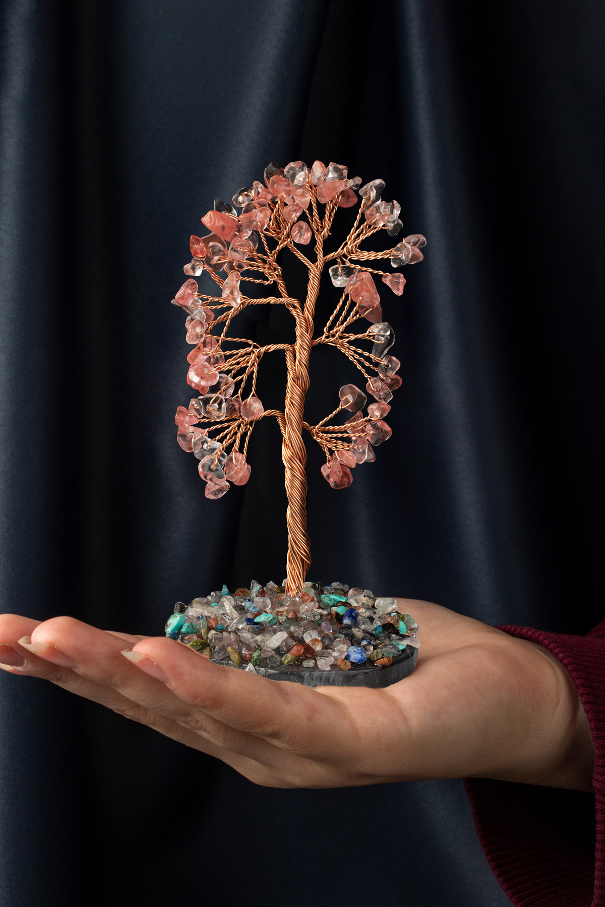 Gül Kuvars Taşı El Yapımı 6x12cm Doğal Taş Dekoratif Hayat Ağacı