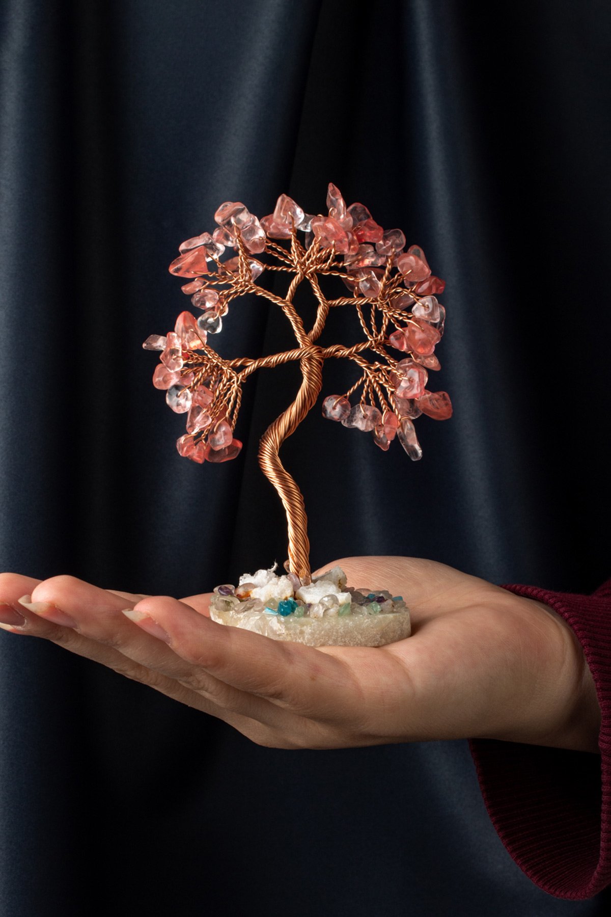 Gül Kuvars Taşı El Yapımı 6x11cm Doğal Taş Dekoratif Hayat Ağacı