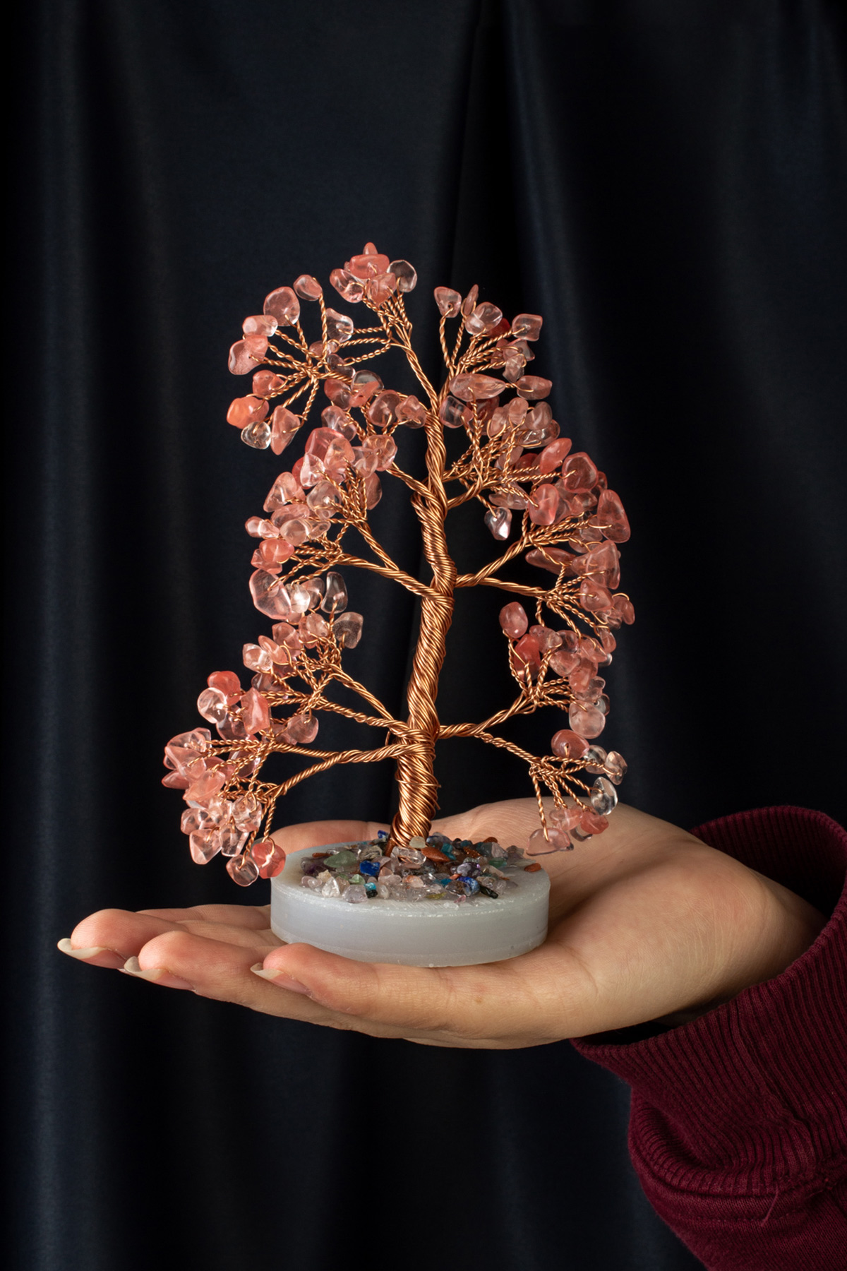 Gül Kuvars Taşı El Yapımı 5x15cm Doğal Taş Dekoratif Hayat Ağacı