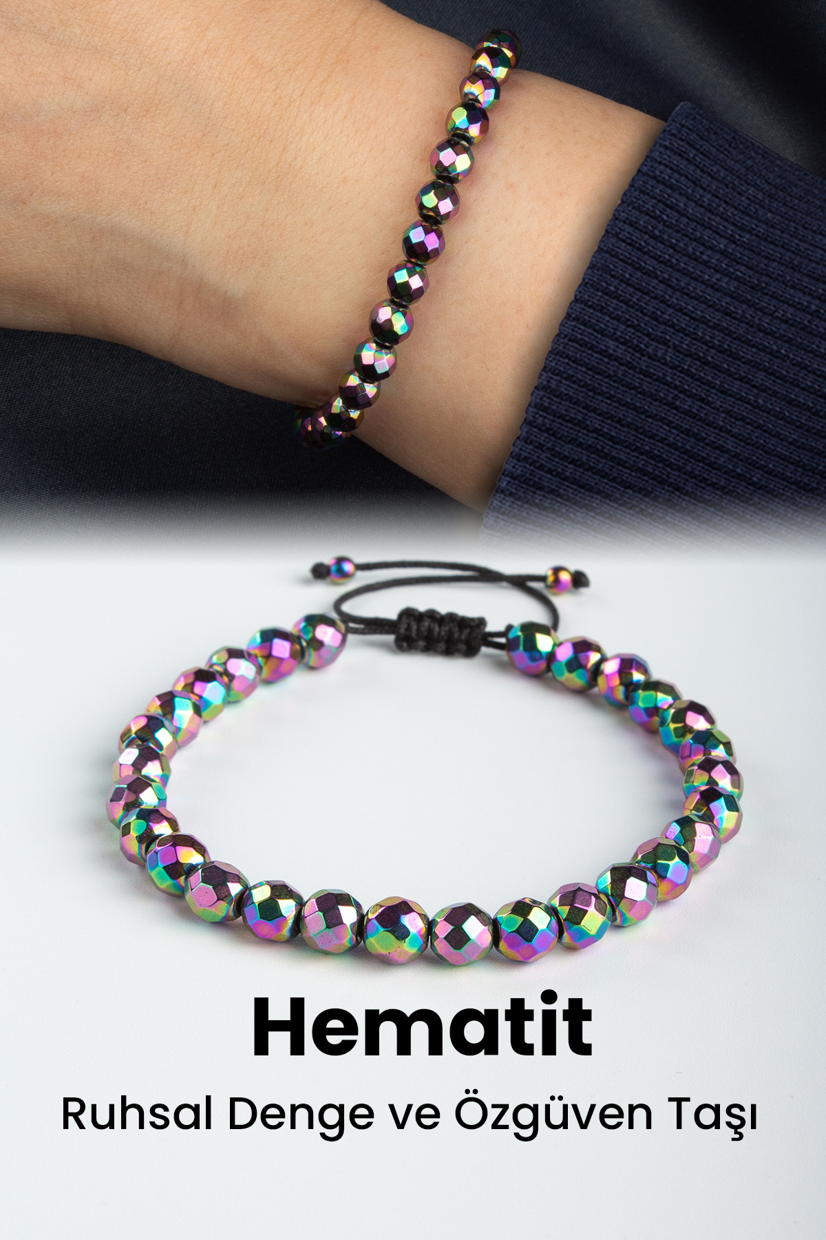 Hematit Doğal Taş Gökkuşağı Faset Küre Kesim 6mm Makrome Bileklik