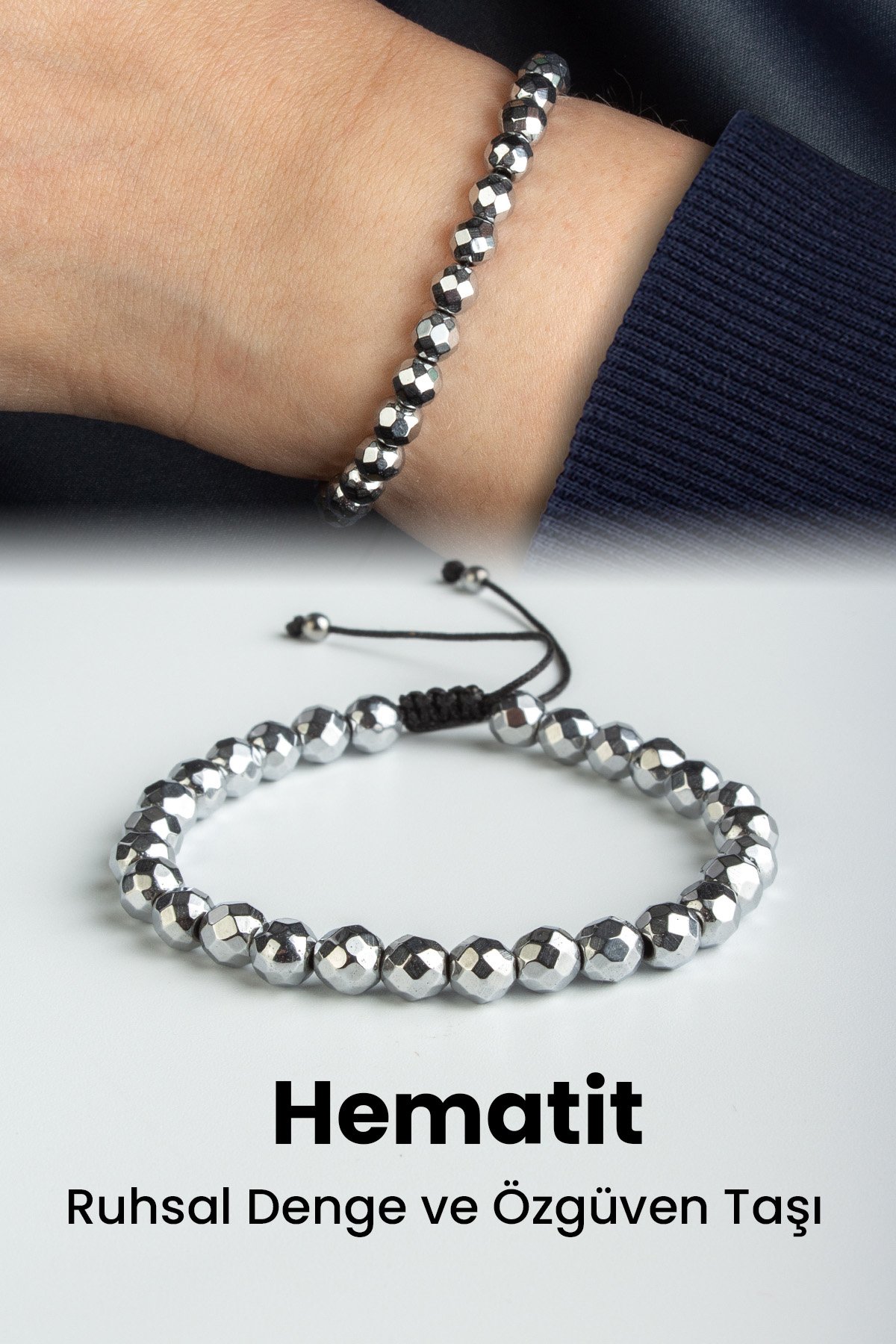 Hematit Doğal Taş Gümüş Faset Küre Kesim 6mm Makrome Bileklik