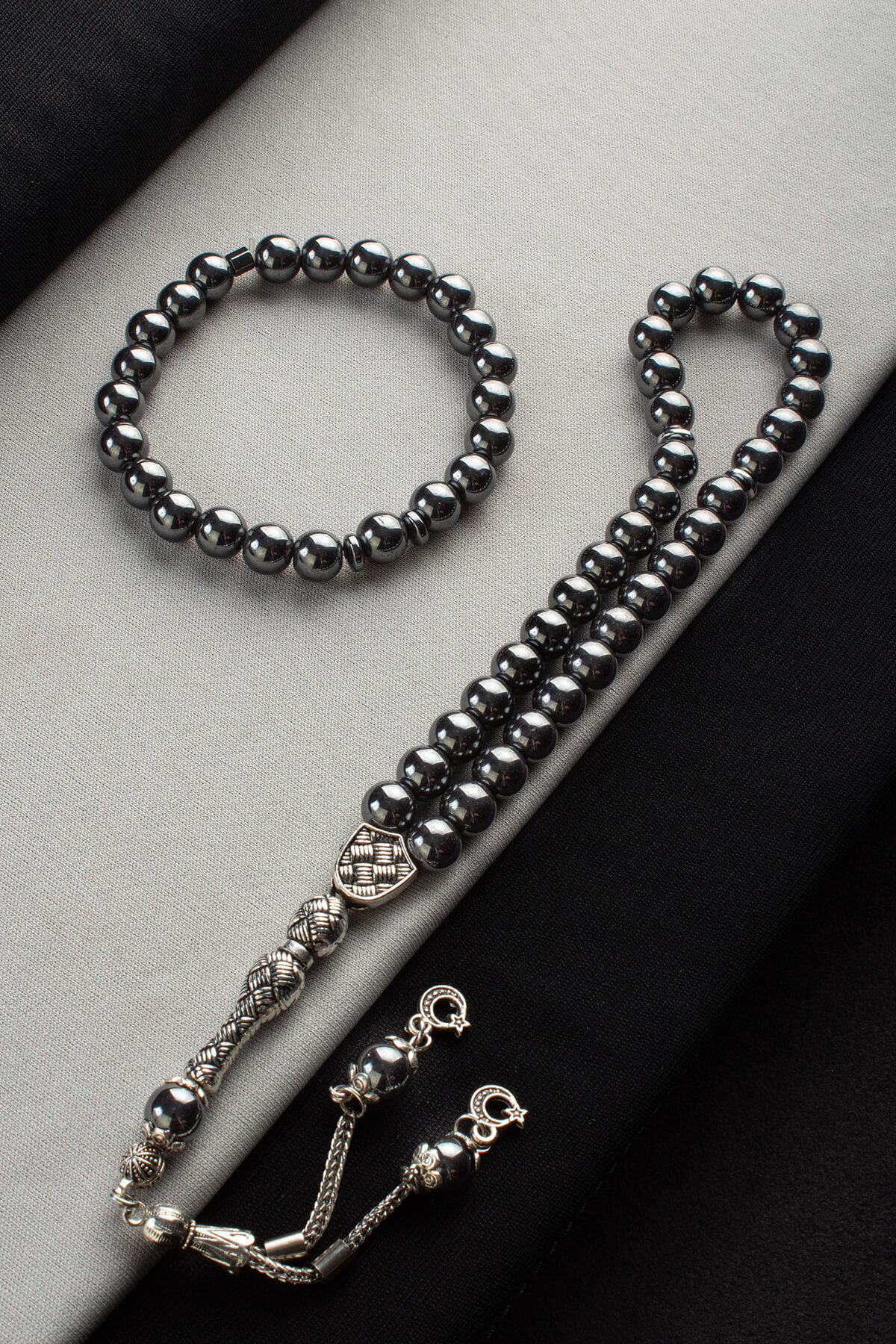 Hematit Doğal Taş Misina Bileklik & Hematit 33 lü 8 mm Tesbih Seti