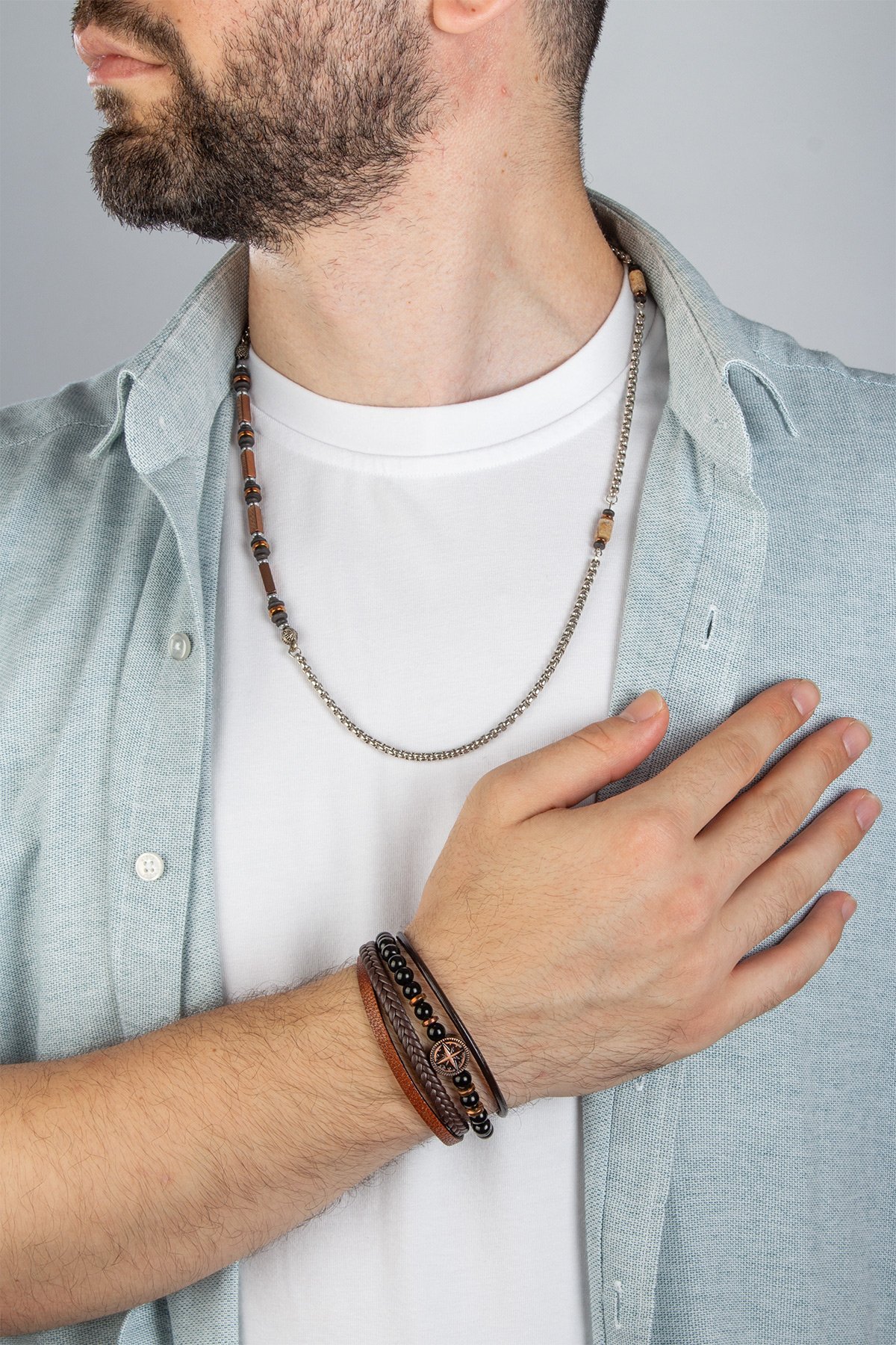 Hematit Doğal Taşlı Deri Bileklikli 2 li Hediye Erkek Takı Seti