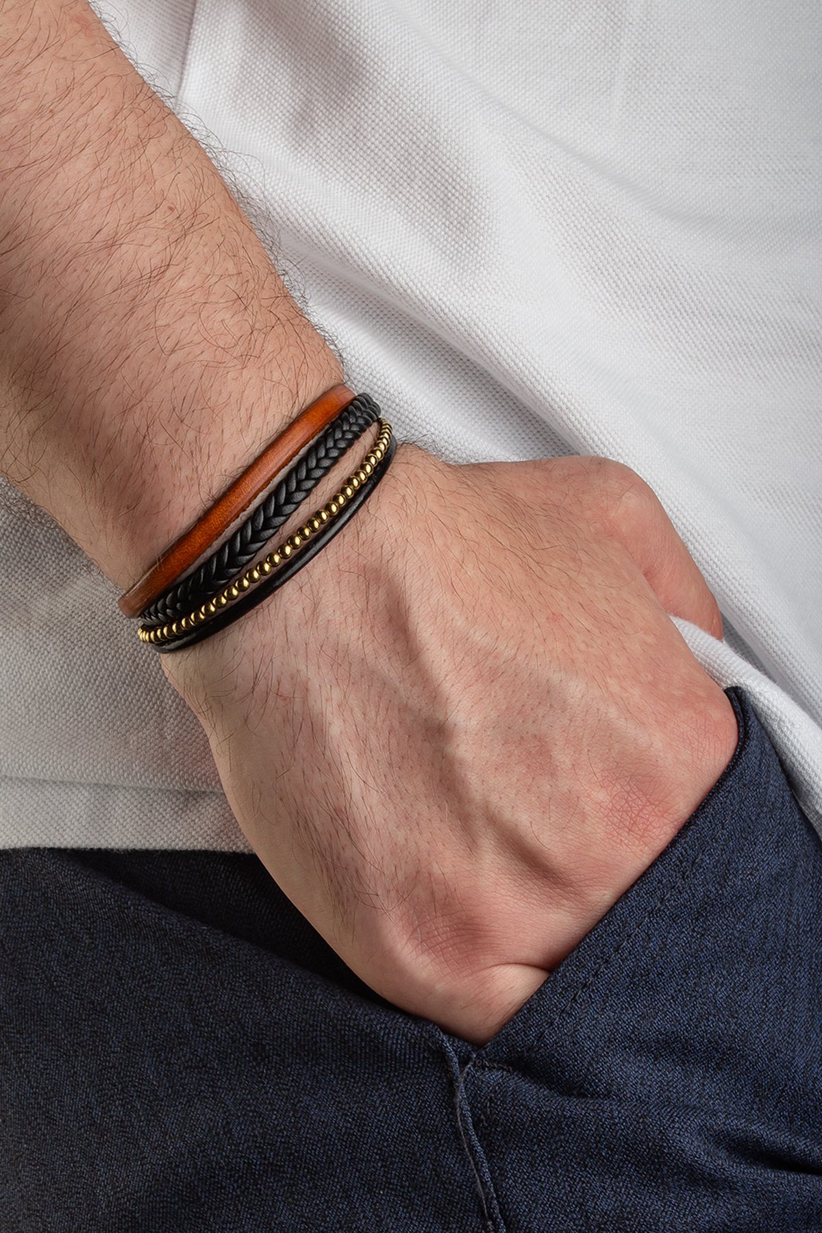 Hematit Doğal Taşlı Sarı Dörtlü Deri Erkek Bileklik