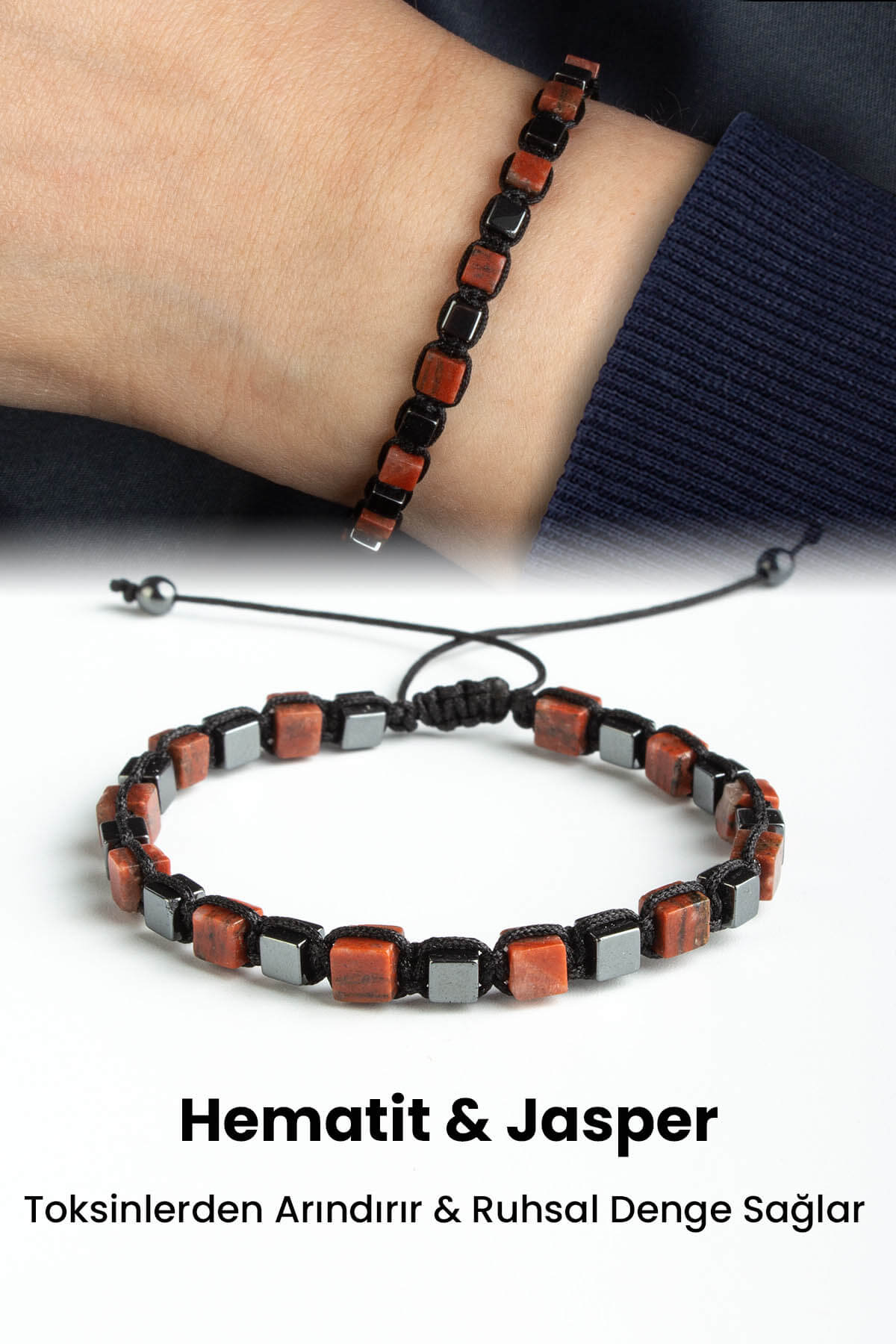 Hematit Jasper Doğal Taş Küp Kesim Kırmızı Bileklik