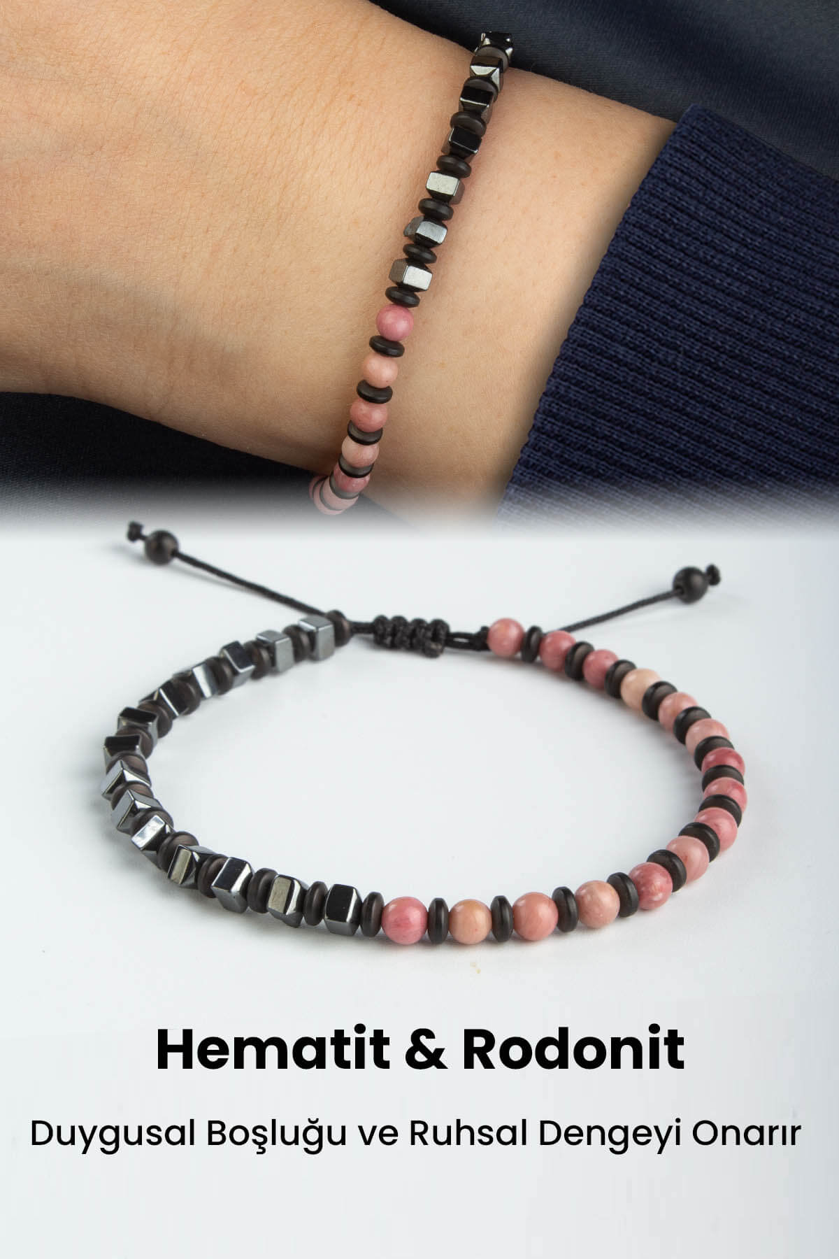 Rodonit Doğal Taş Küre Kesim Rondela Hematit Ara Taşlı 6mm Makrome Bileklik