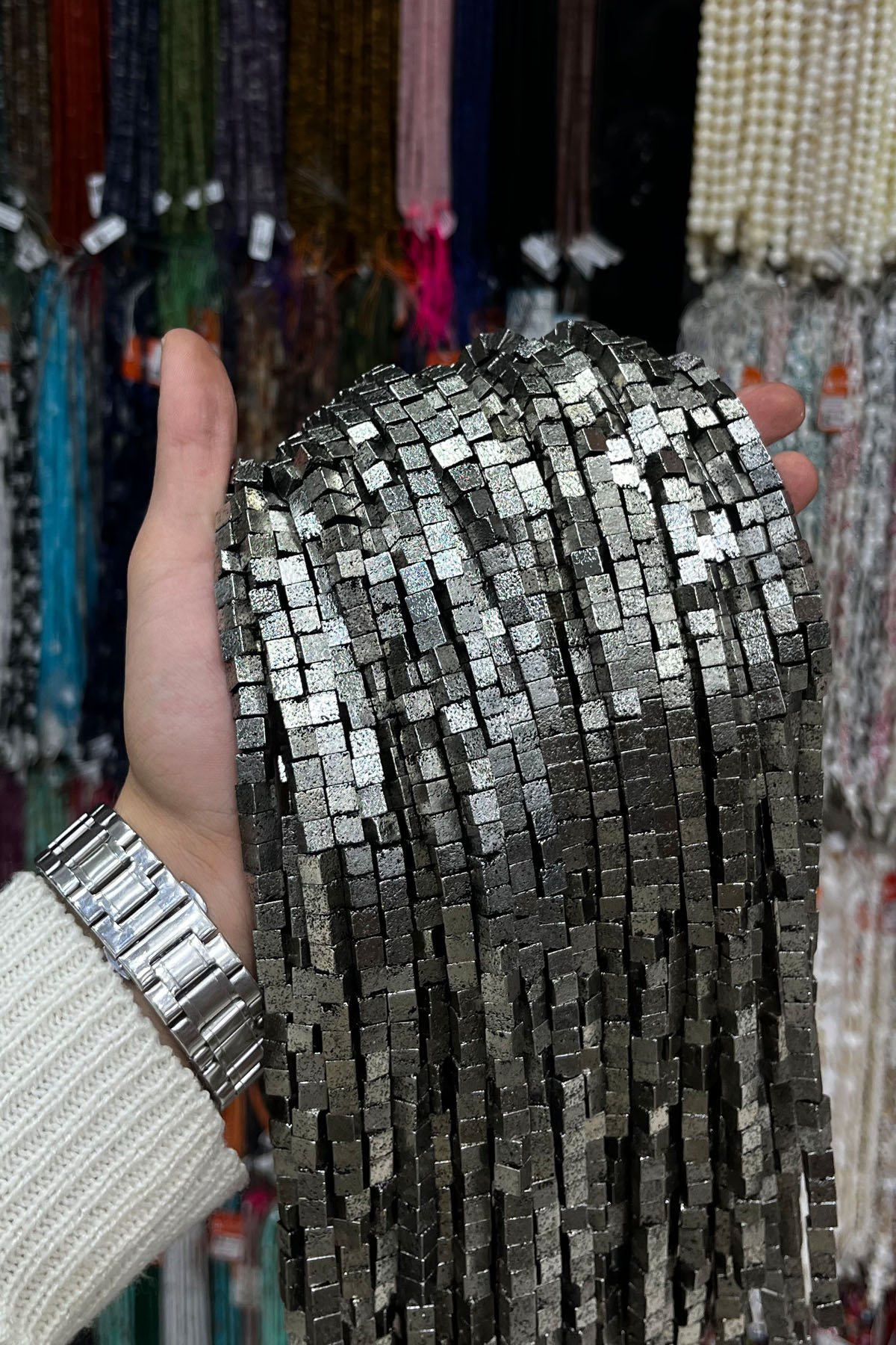 Hematit Taşı Küp Kesim 8x8mm-Pütürlü Antik Gümüş Doğal Taş Dizi