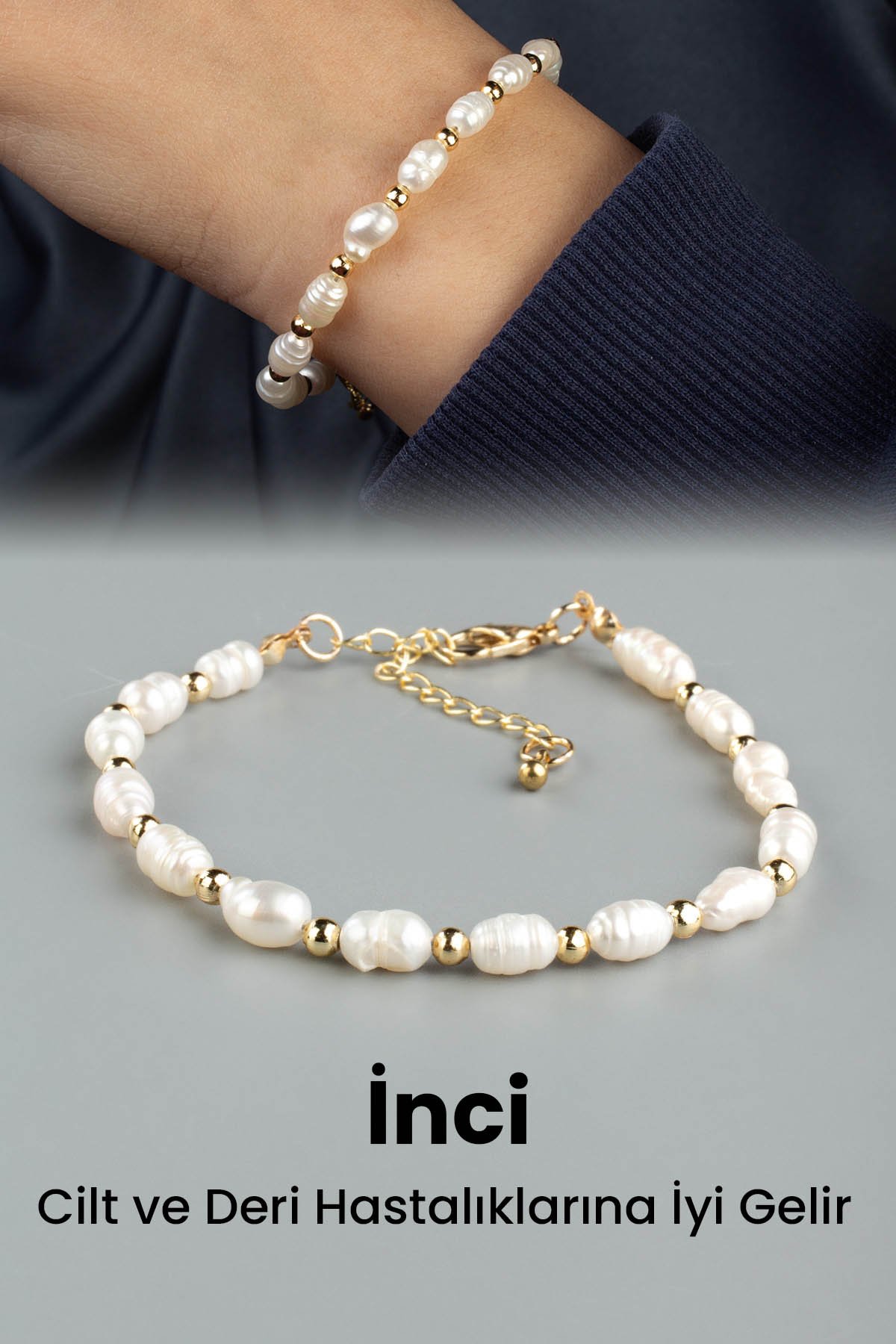 İnci Doğal Taş Arpa Kesim Zincir Kapamalı Bileklik