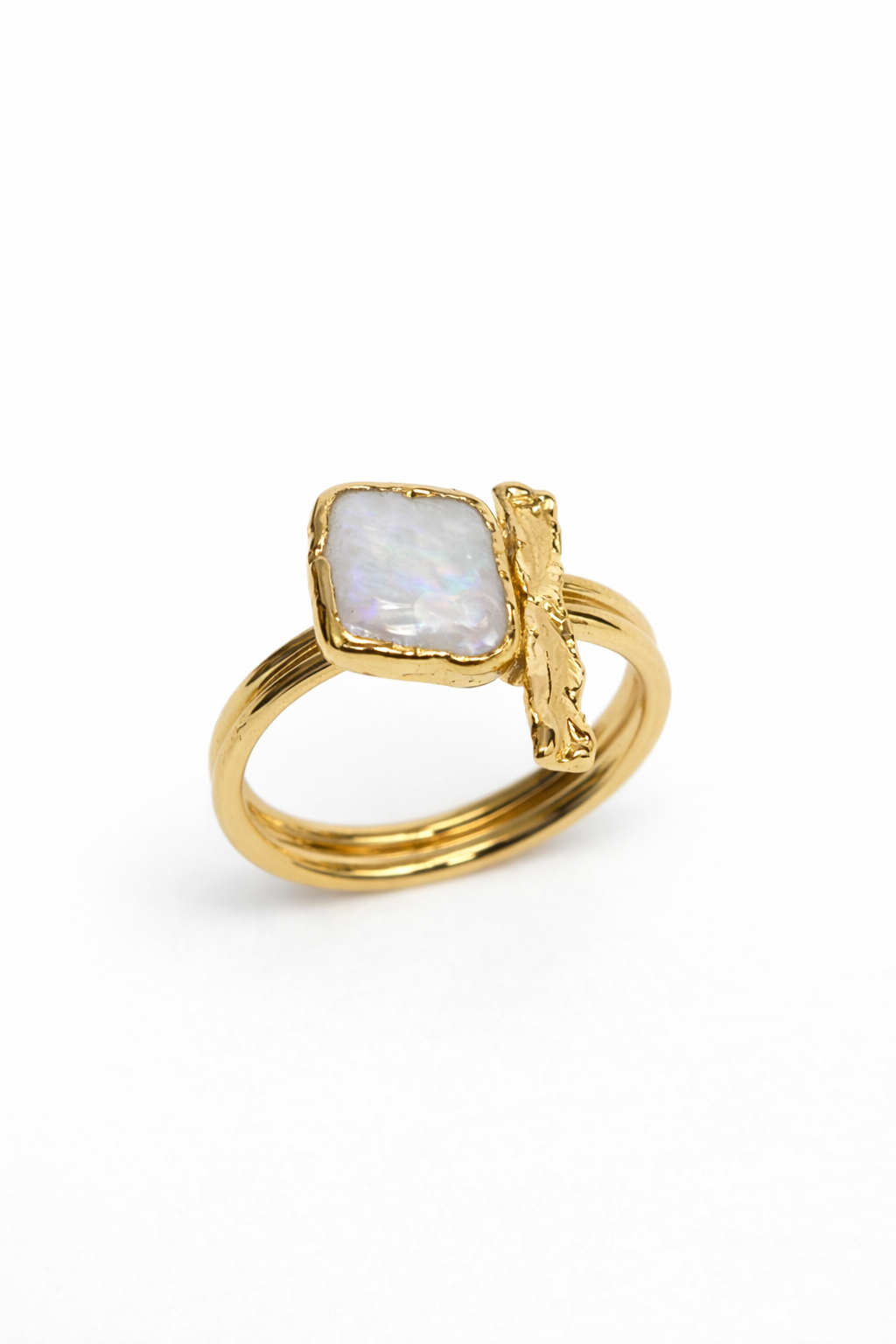 İnci Doğal Taş Ham Kütle Kesim Pirinç Üzeri Altın Kaplama Ayarlanabilir Yüzük