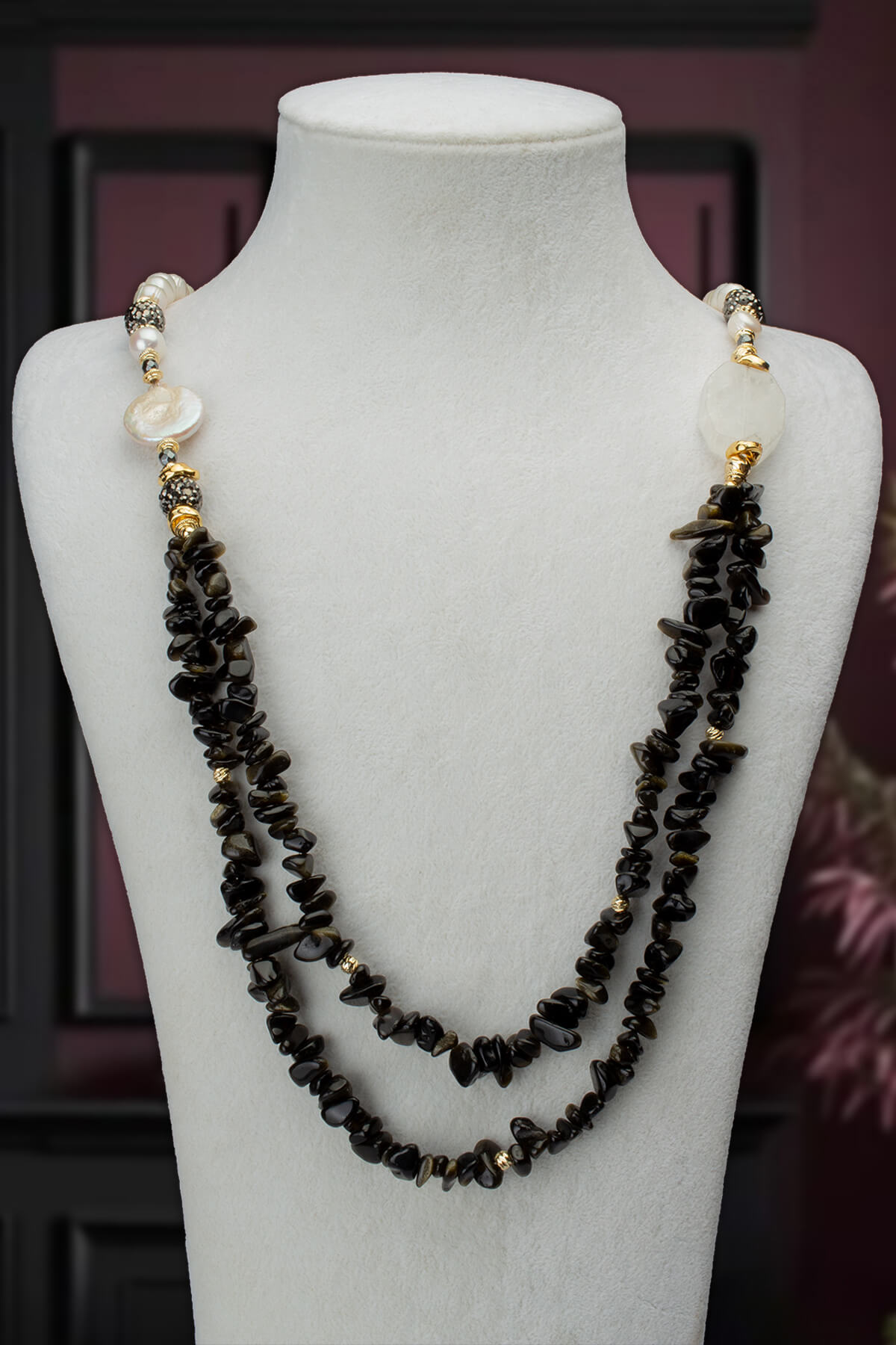 İnci Doğal Taş Karışık 2 li Obsidyen Kırık Taş Markazit Uzun Çelik Kolye