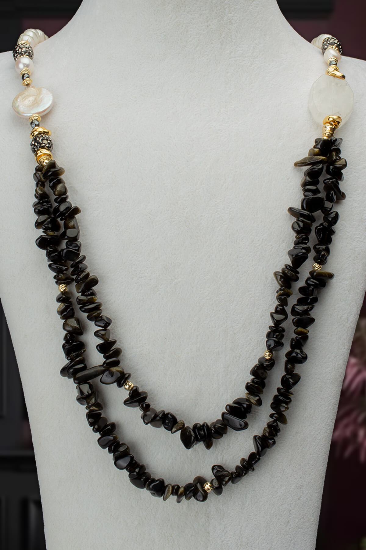 İnci Doğal Taş Karışık 2 li Obsidyen Kırık Taş Markazit Uzun Çelik Kolye