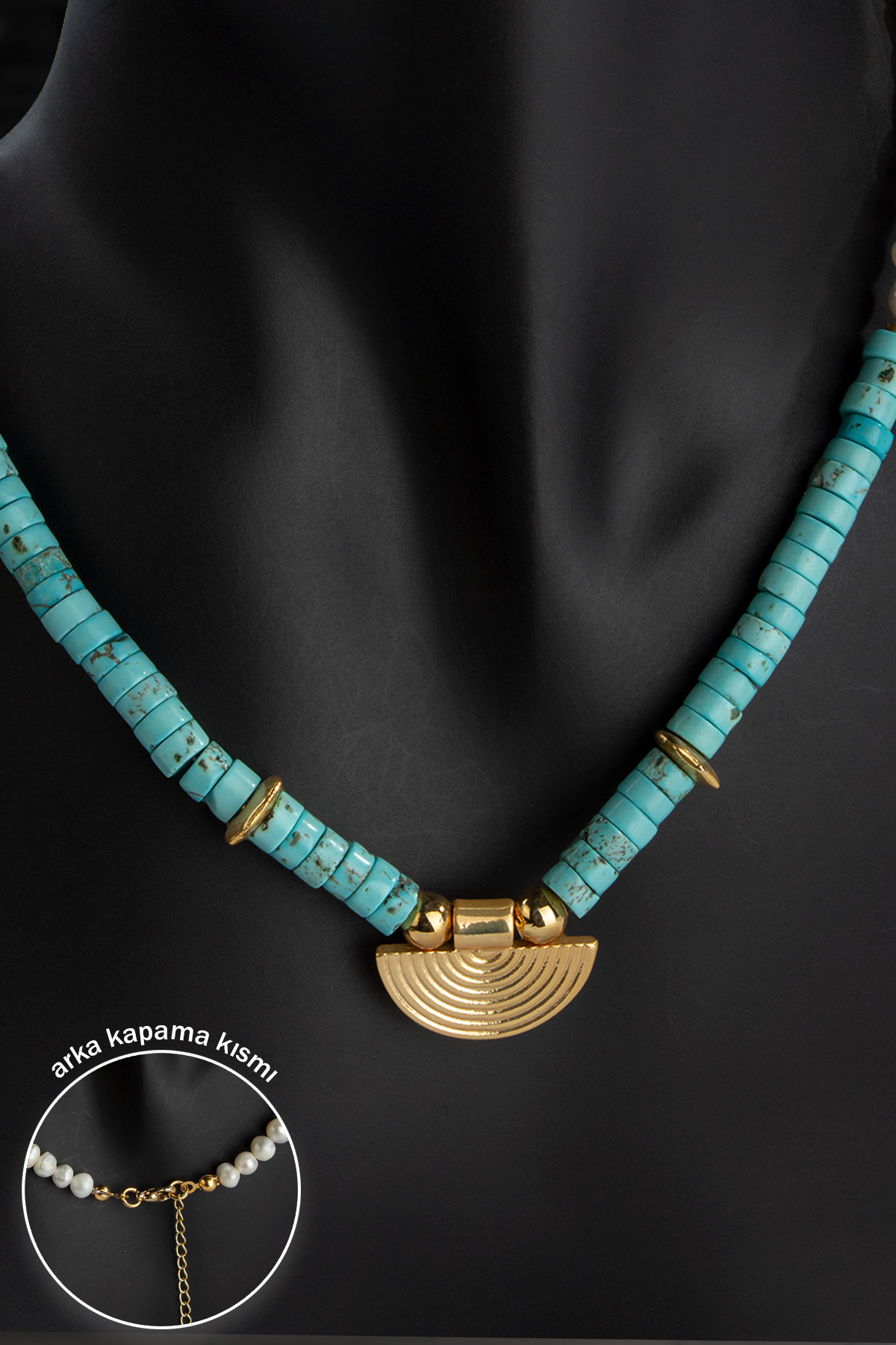 İnci - Turkuaz Doğal Taş Rondela Kesim Zincir Kapamalı Kolye