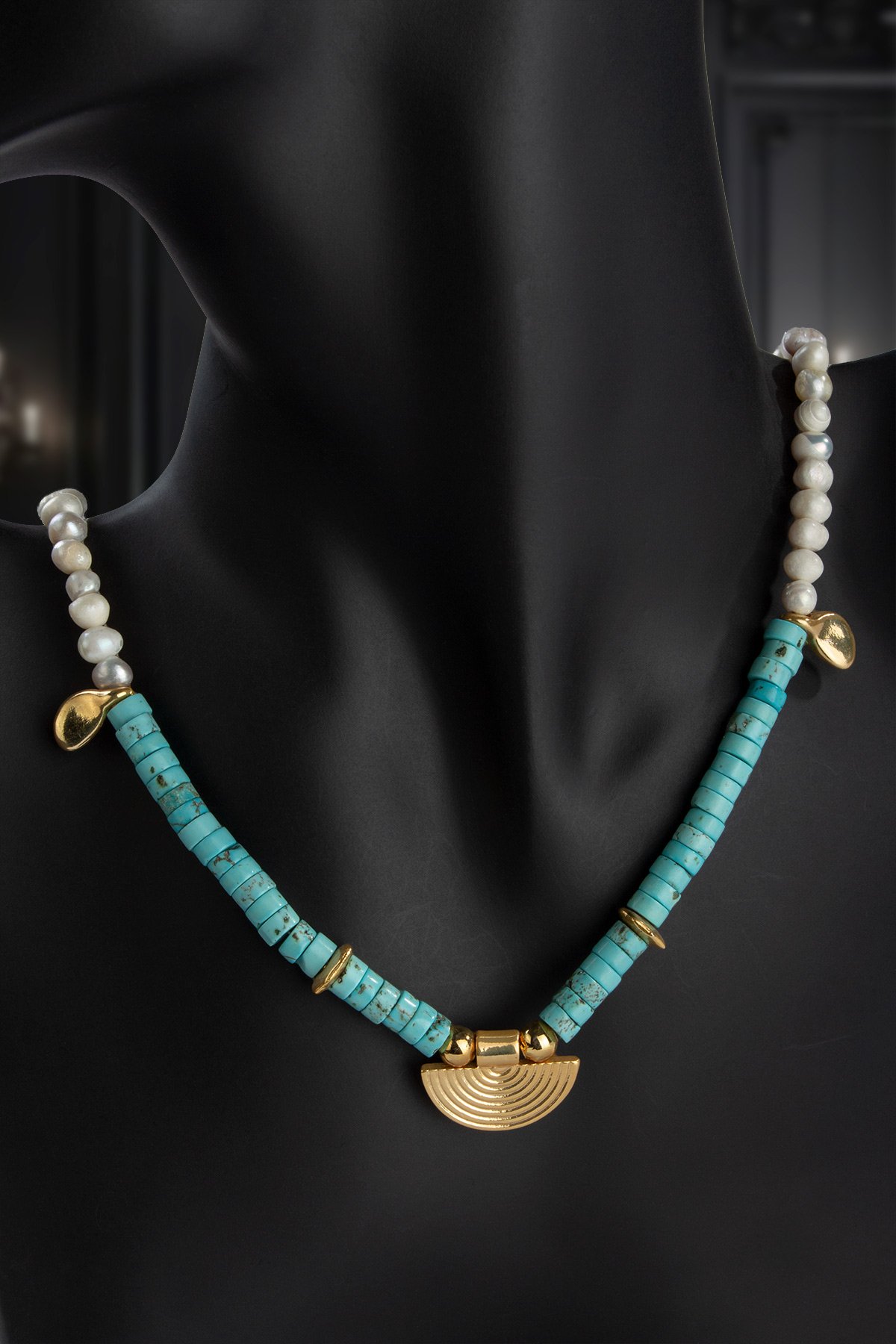 İnci - Turkuaz Doğal Taş Rondela Kesim Zincir Kapamalı Kolye