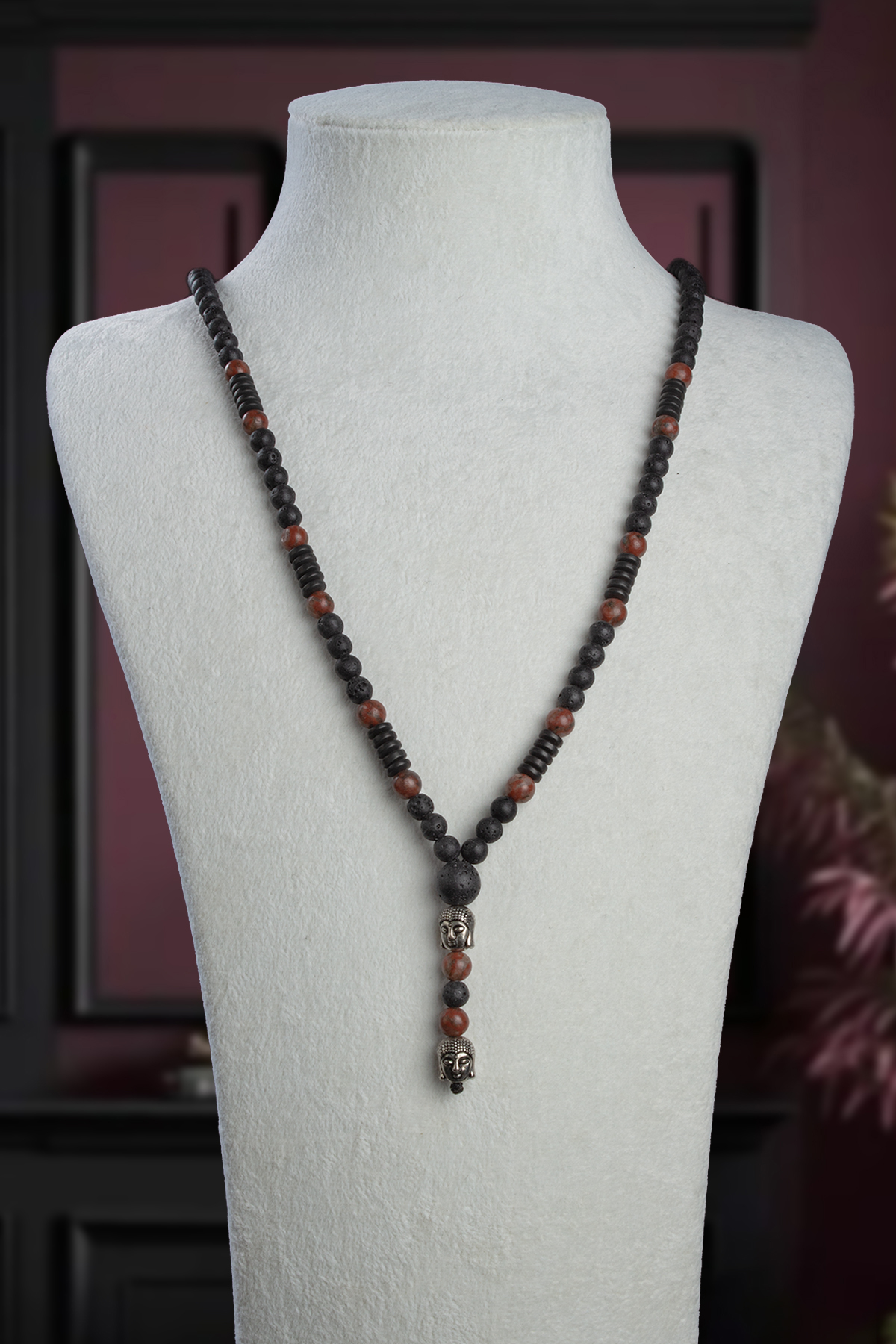 Jasper Doğal Taş Kırmızı Küre Kesim Buda Boncuk Kolye