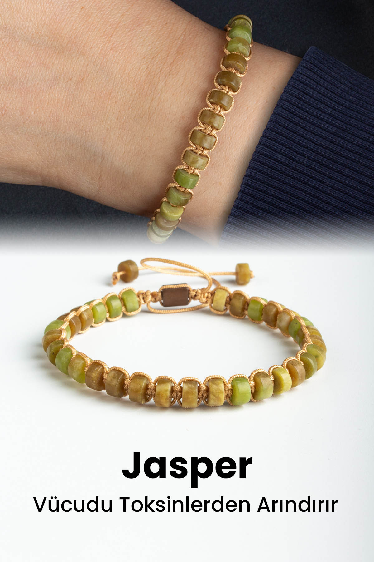 Jasper Doğal Taş Yeşil Rondela Kesim Makrome Bileklik