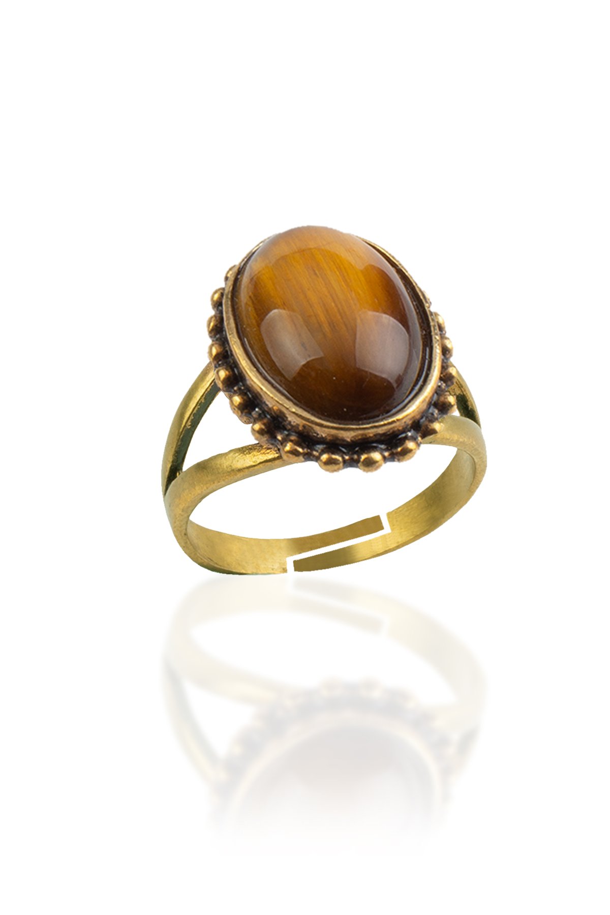 Kaplan Gözü Doğal Taş Bronz Oval Kesim Ayarlanabilir Yüzük