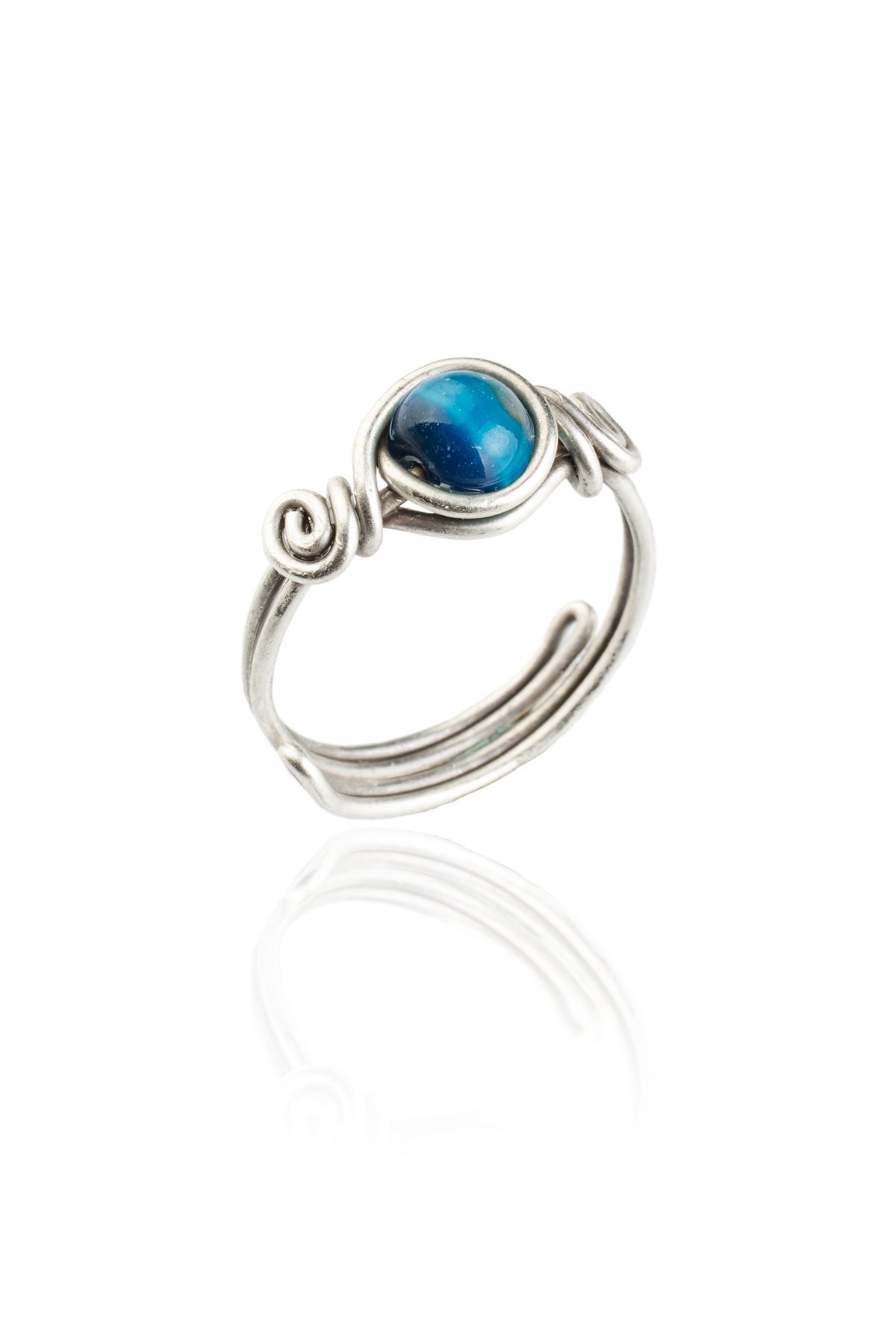 Akik Doğal Taş Lacivert Çelik Küre Kesim Ayarlanabilir Yüzük