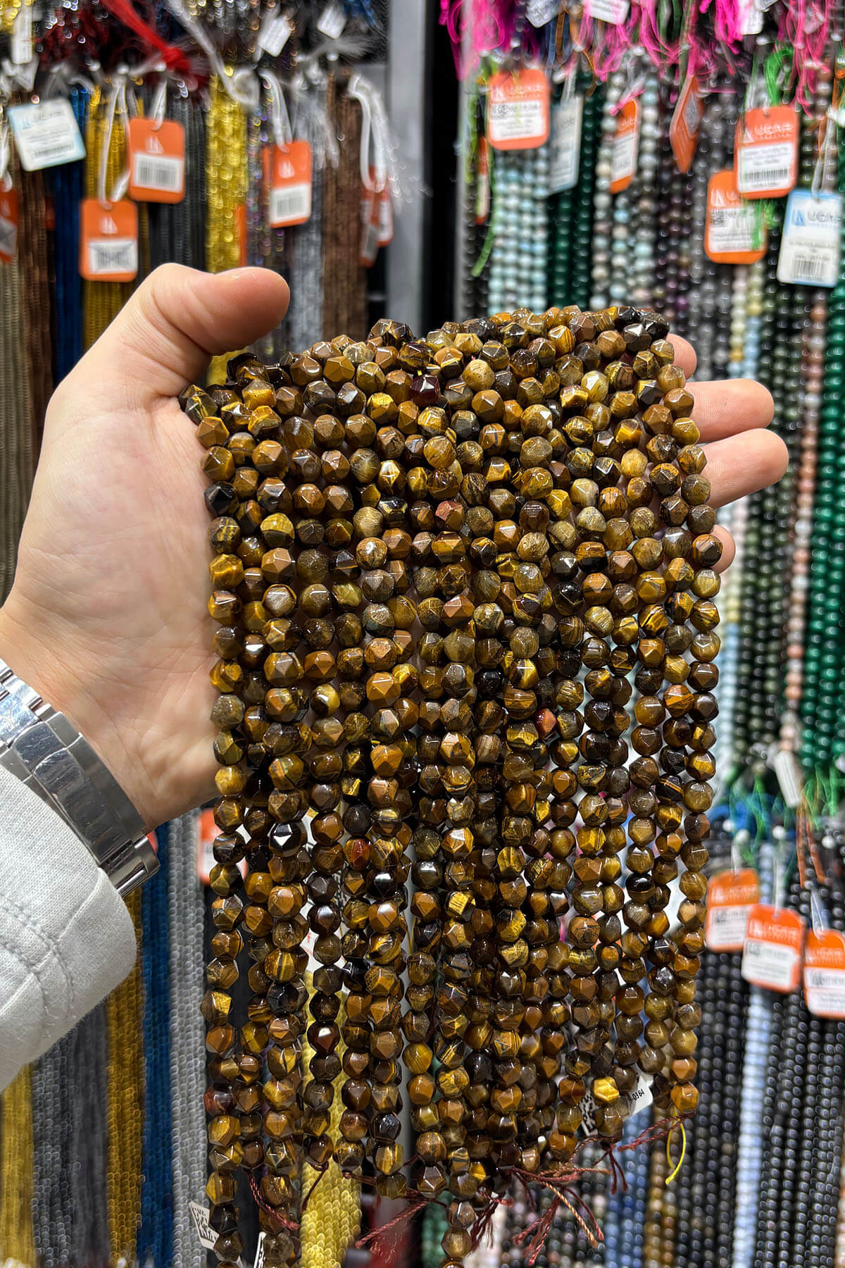 Kaplan Gözü Doğal Taş Parlak Kahverengi Hegzagonal Kesim 8mm Dizi [B]