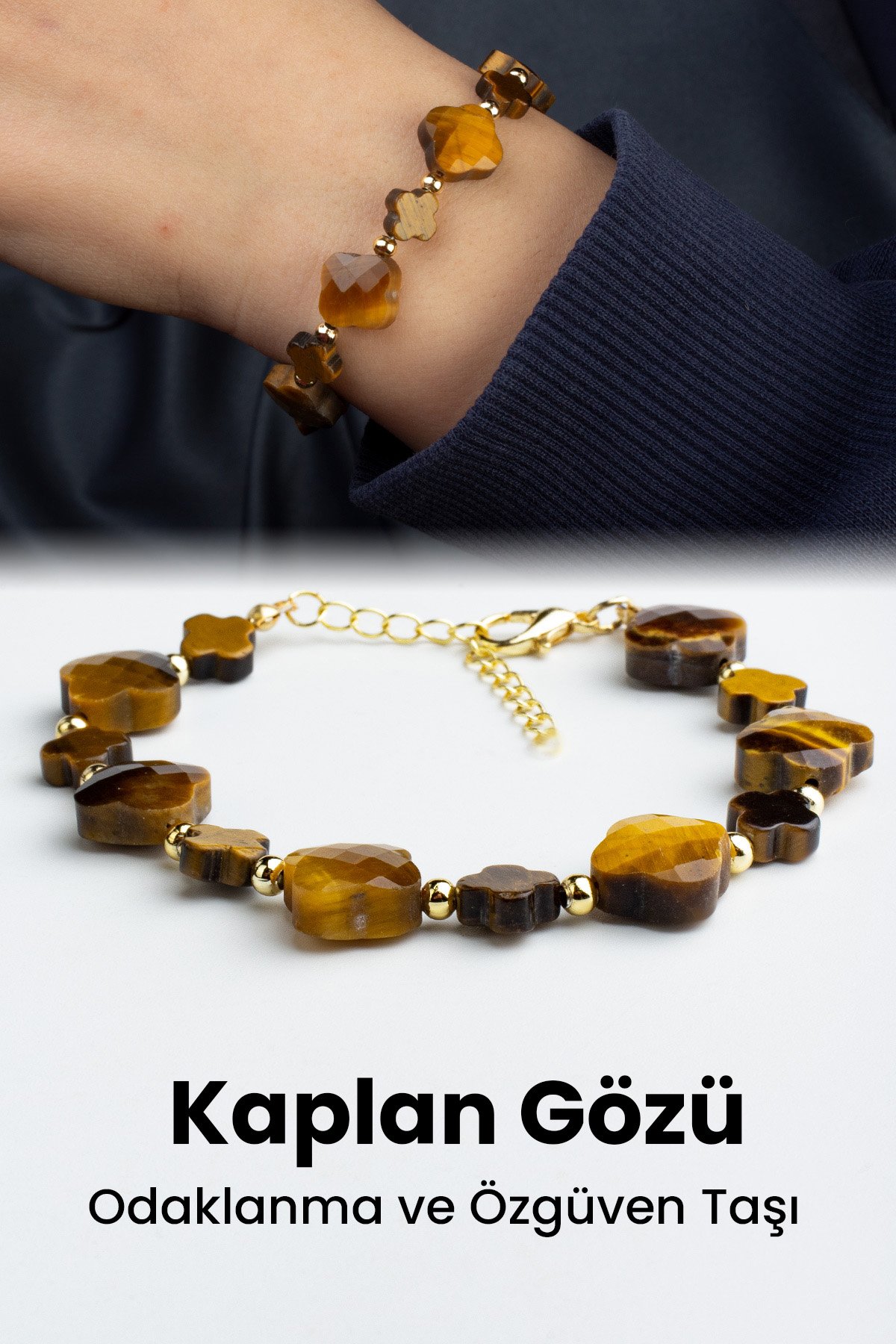 Kaplan Gözü Doğal Taş Yonca Kesim Zincir Kapamalı Bileklik