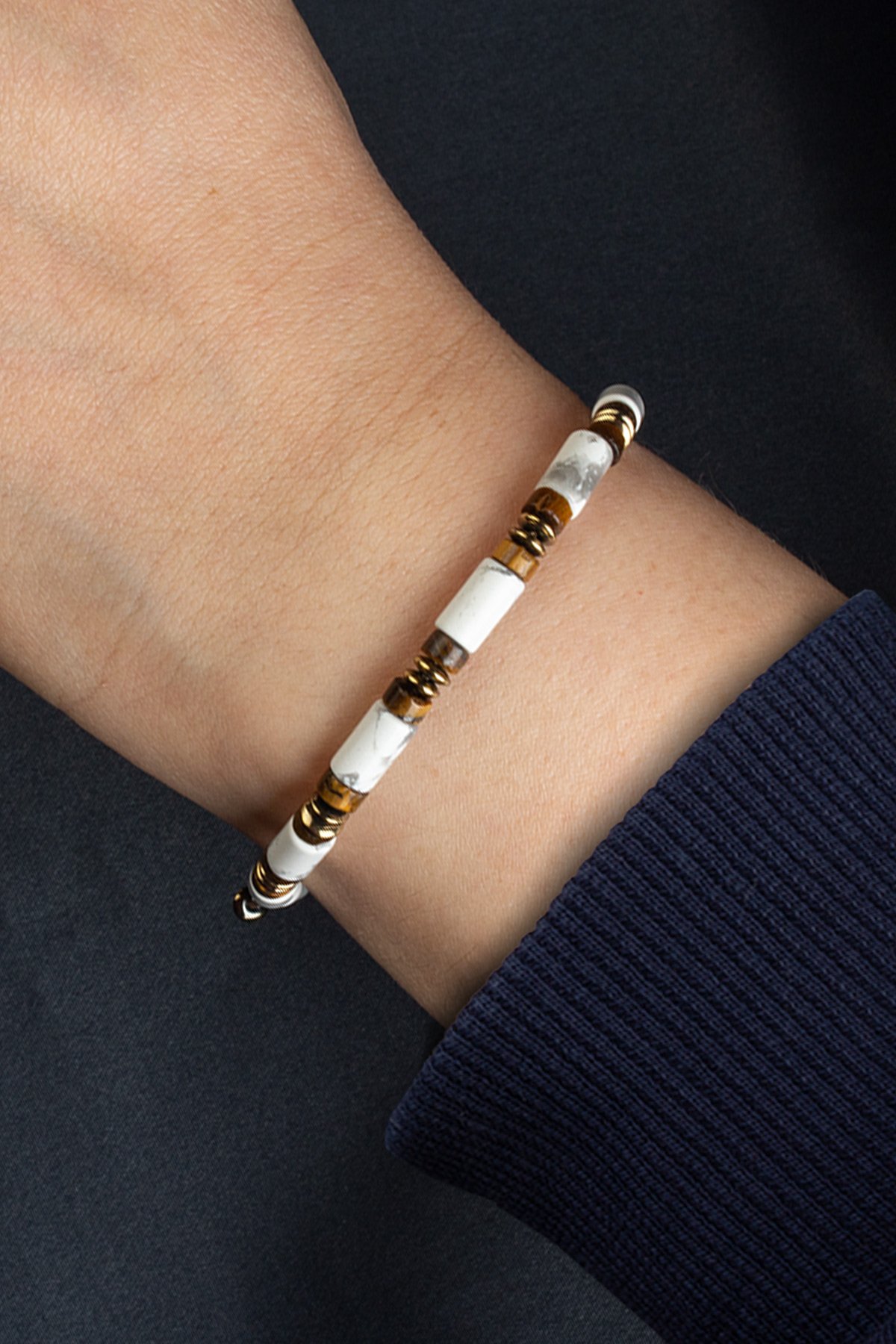 Kaplan Gözü - Havlit Doğal Taş Silindir Kesim Makrome Bileklik