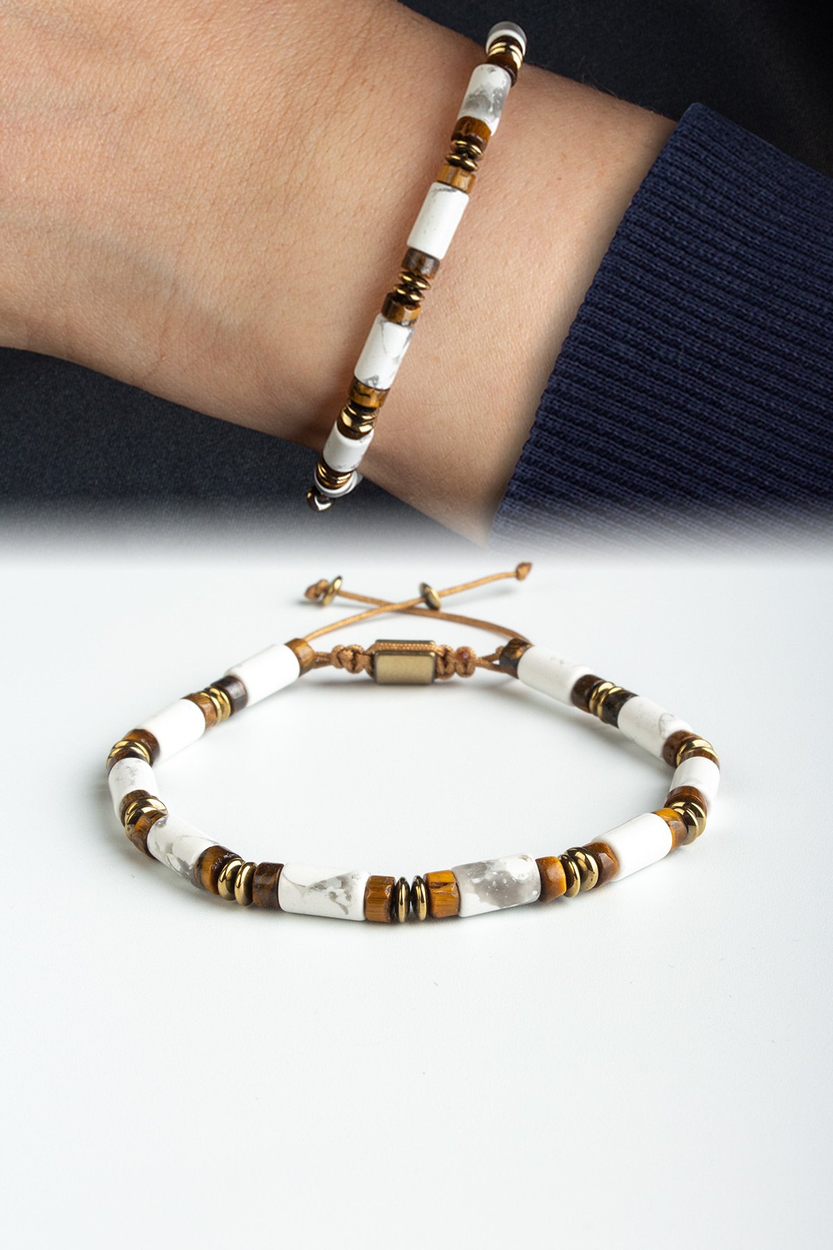 Kaplan Gözü - Havlit Doğal Taş Silindir Kesim Makrome Bileklik