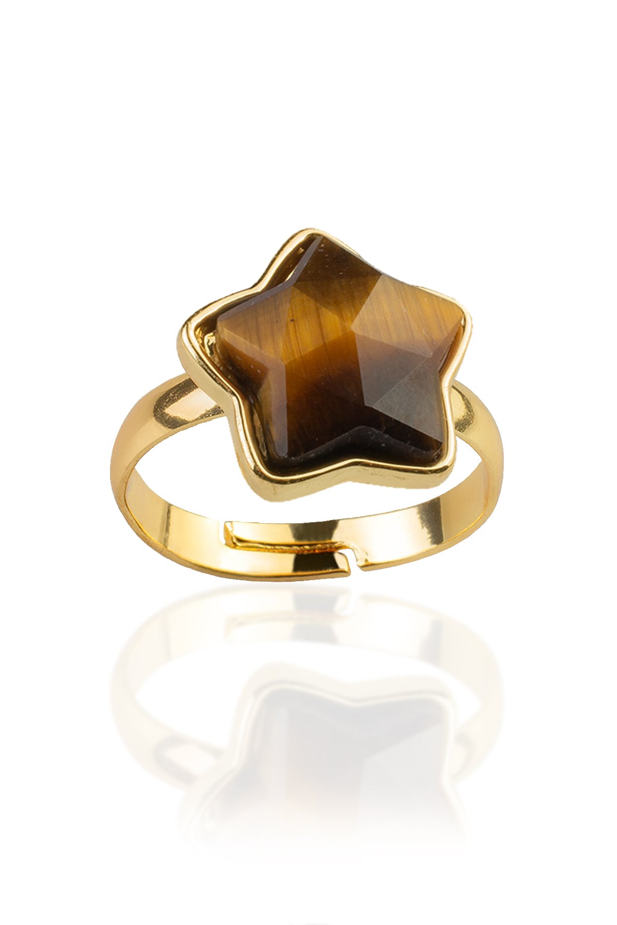 Kaplan Gözü Taşı Yıldız Kesim Pirinç Üzeri Altın Kaplama Ayarlanabilir Yüzük