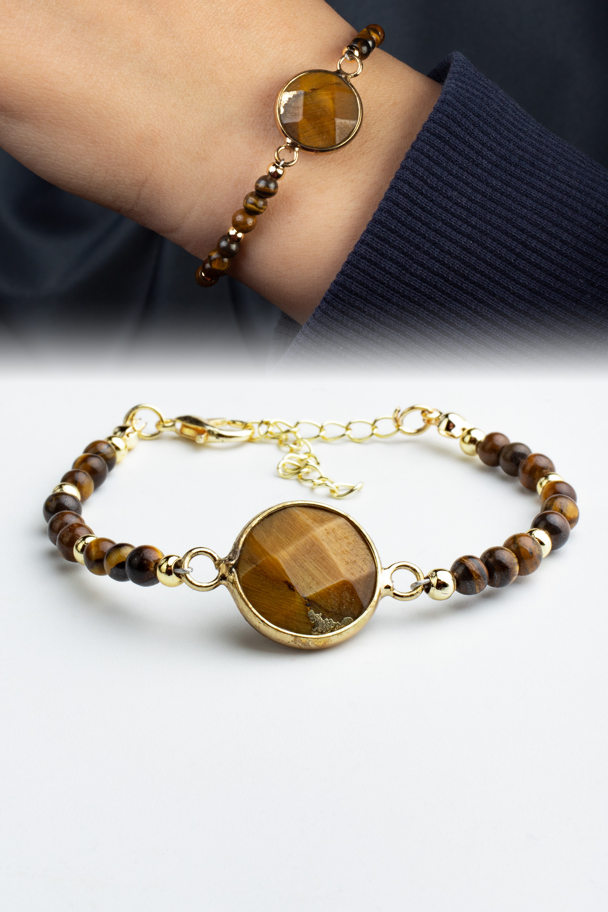 Kaplan Gözü Doğal Taş Küre Kesim Orta Daire Taşlı 4mm Zincirli Bileklik