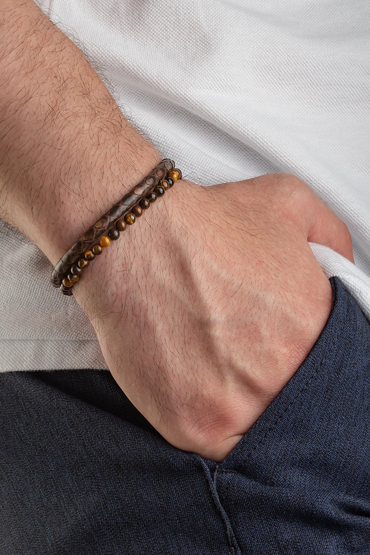 Kaplangözü Doğal Taş Piton Tüp Deri Erkek Bilekliği